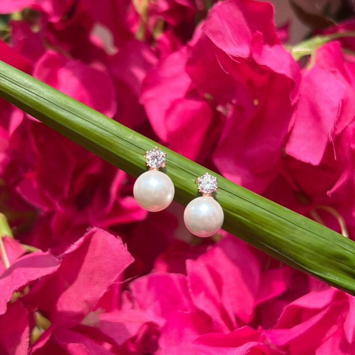 925 Silver Rose Gold White CZ with Pearl Drop Earrings