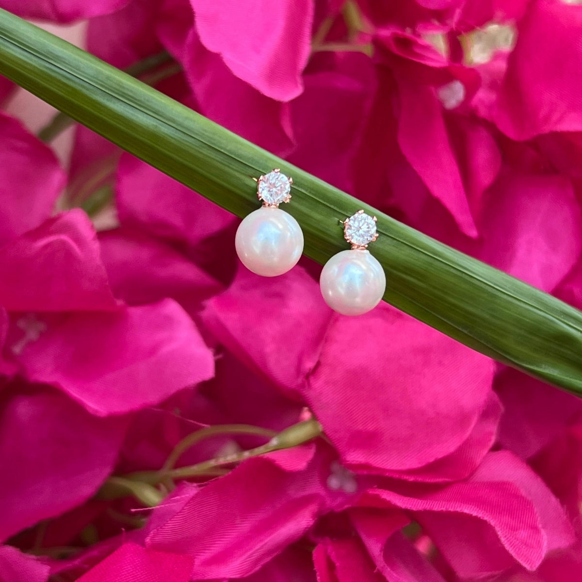 925 Silver Rose Gold White CZ with Pearl Drop Earrings