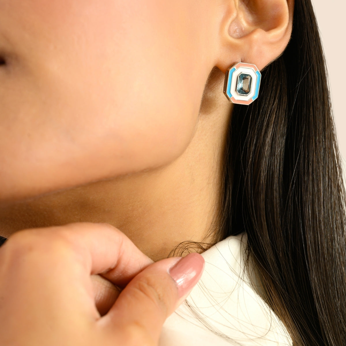 925 Silver Blue CZ Hexagon Multi Color Enamel Stud Earrings