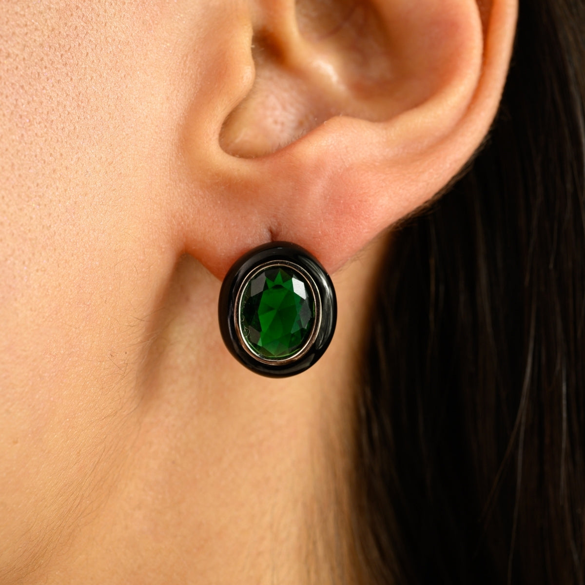925 Silver Green Emerald CZ Enamel Oval Stud Earrings