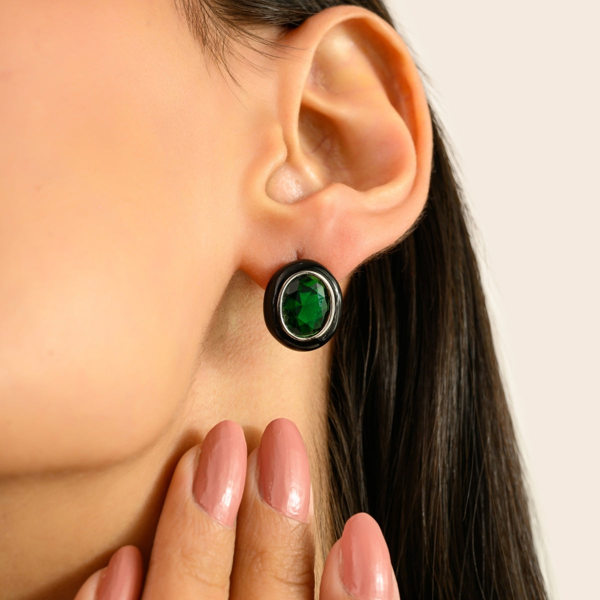 925 Silver Green Emerald CZ Enamel Oval Stud Earrings