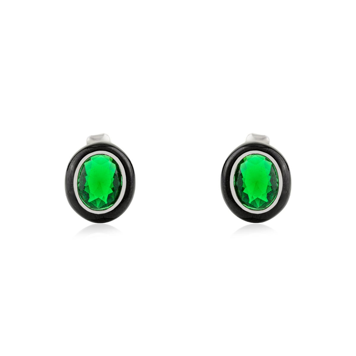 925 Silver Green Emerald CZ Enamel Oval Stud Earrings