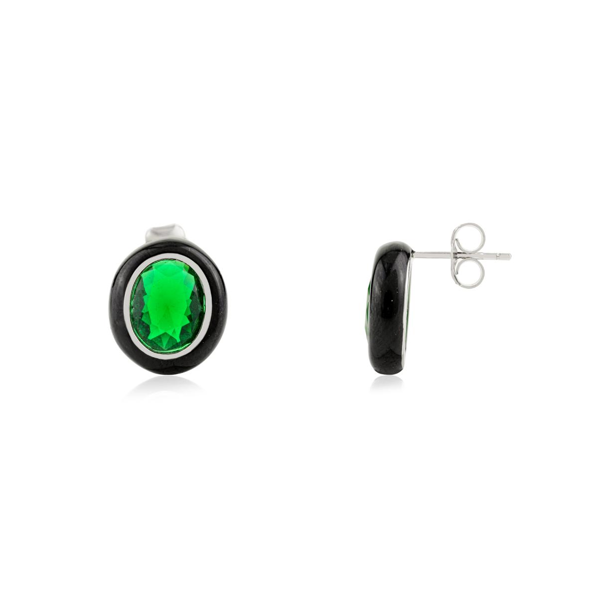 925 Silver Green Emerald CZ Enamel Oval Stud Earrings