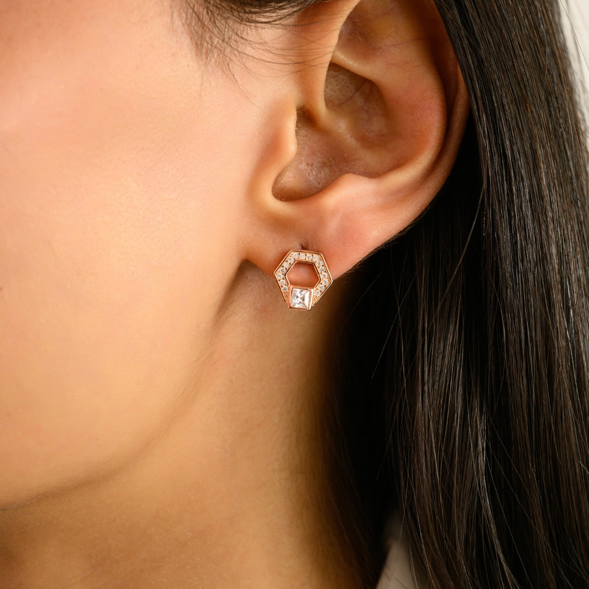 925 Silver White CZ Hexagon Rose Gold Stud Earrings