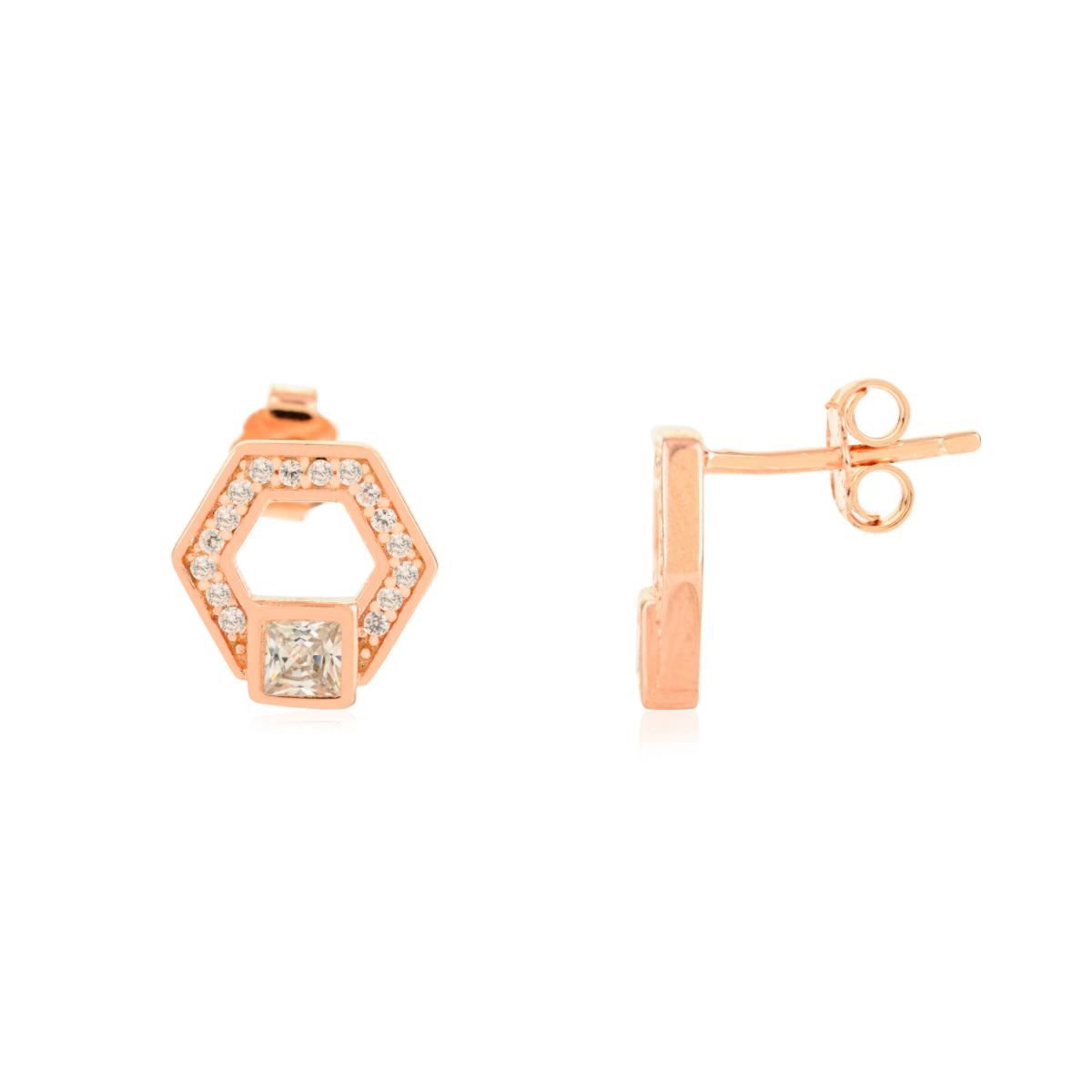 925 Silver White CZ Hexagon Rose Gold Stud Earrings