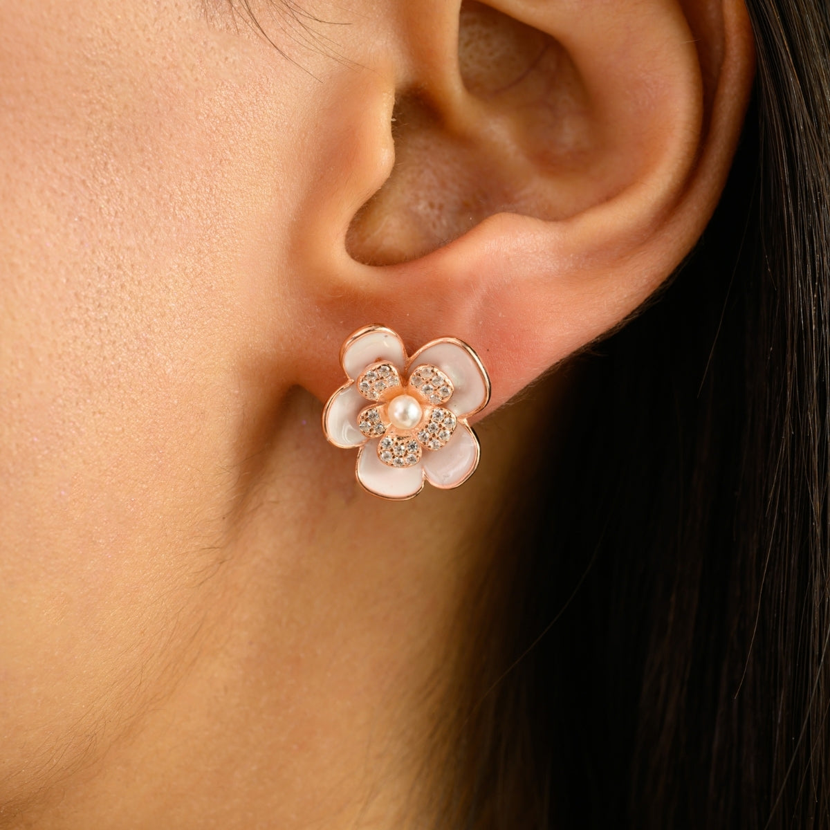 925 Silver Rose Gold White CZ with Pearl Floral Enamel Stud Earrings