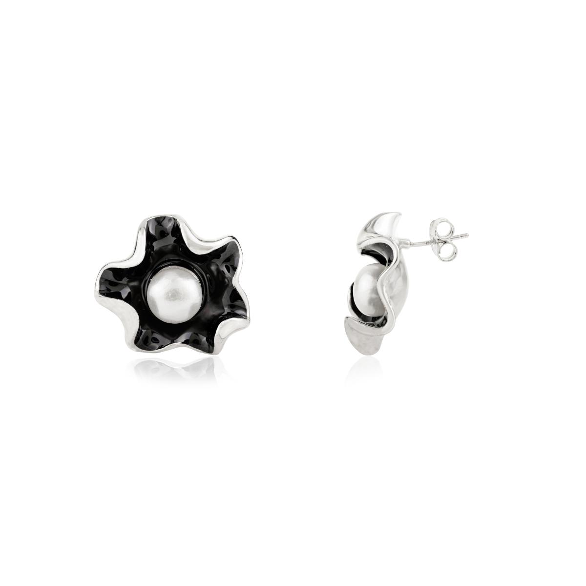 925 Silver Pearl Floral Black Enamel Stud Earrings