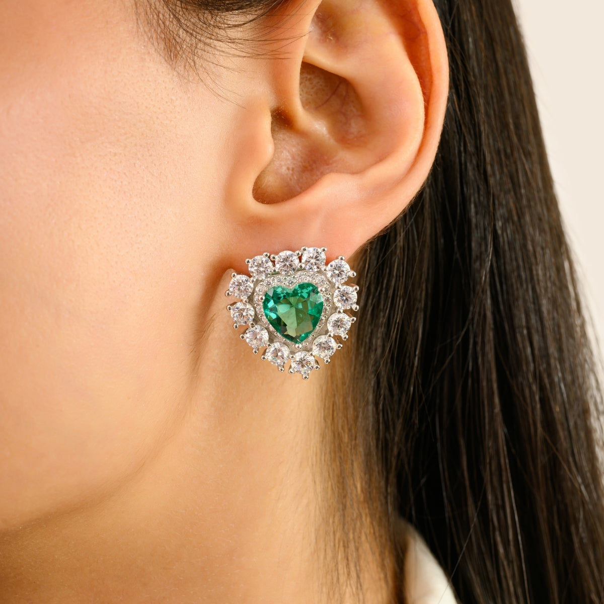925 Silver White and Green Cubic Zirconia Heart Earrings