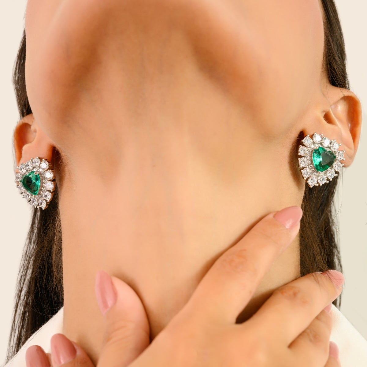 925 Silver White and Green Cubic Zirconia Heart Earrings