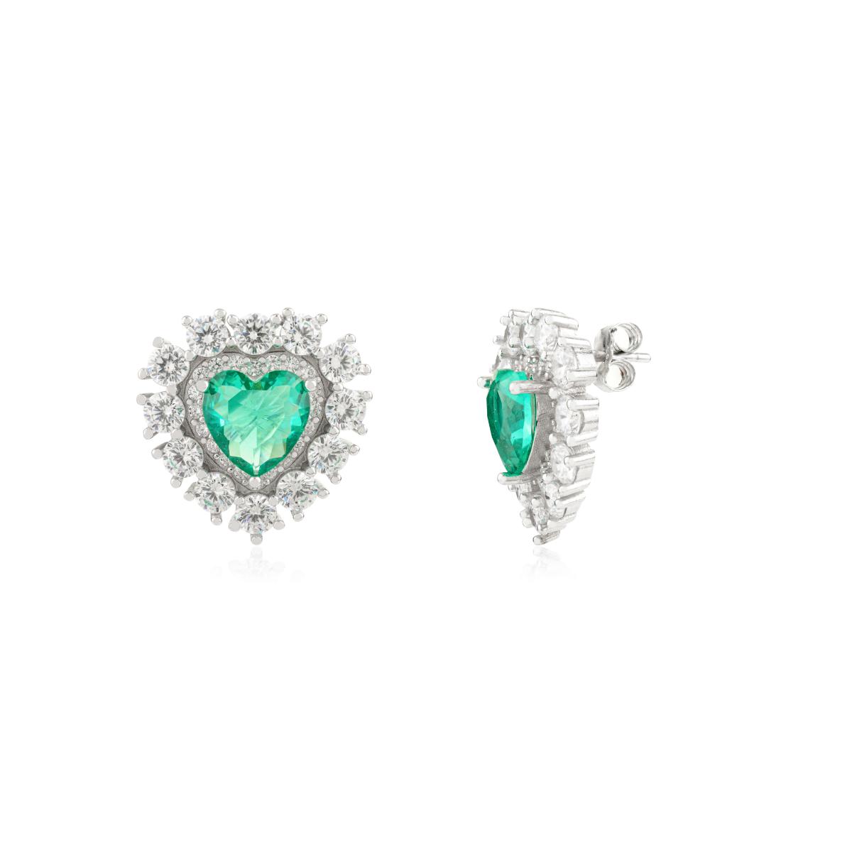 925 Silver White and Green Cubic Zirconia Heart Earrings