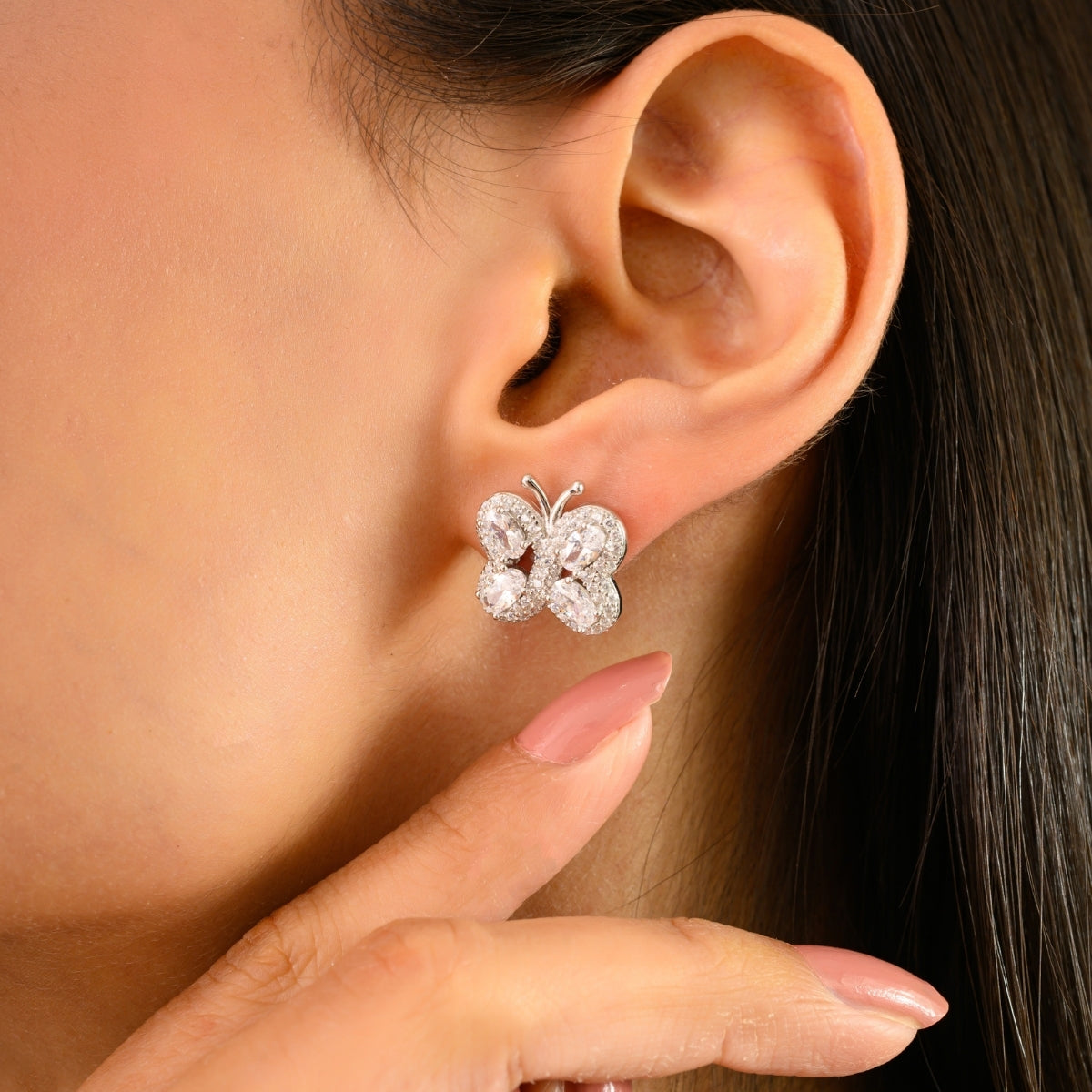 925 Silver White CZ Dainty Butterfly Earrings