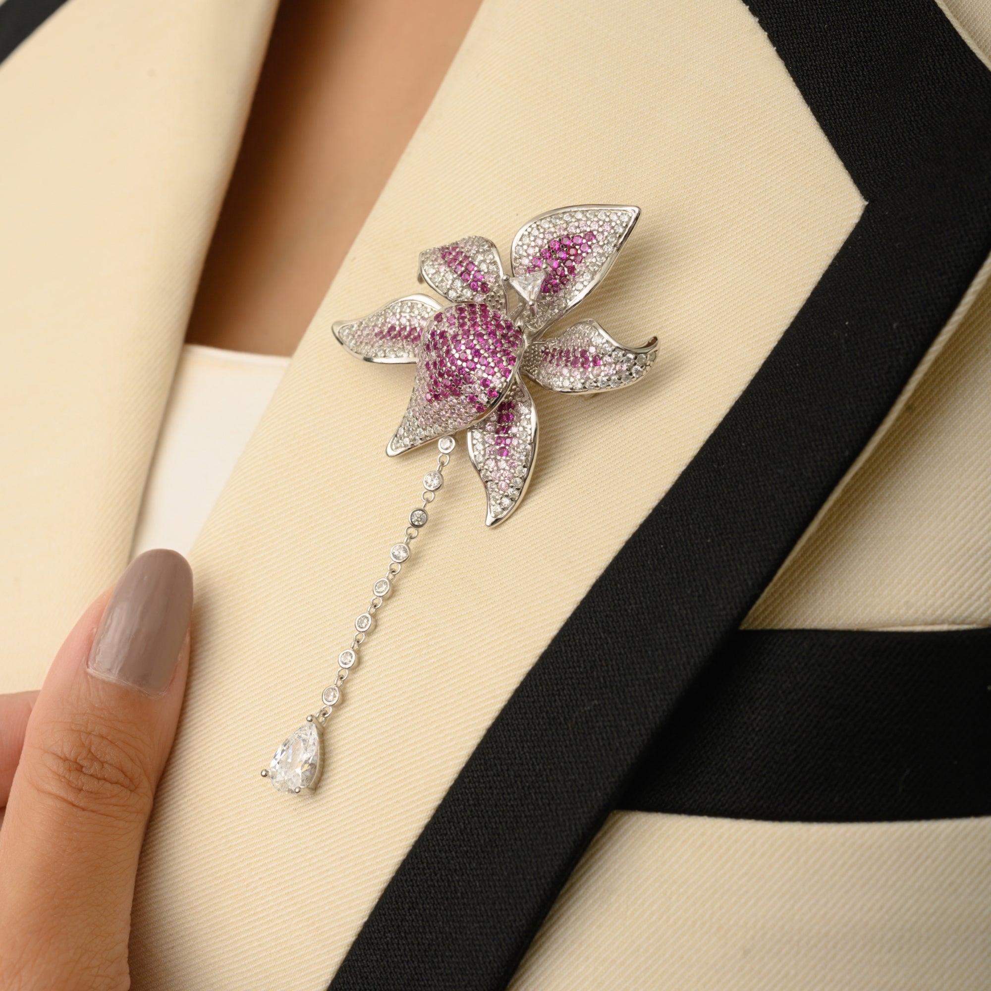 Rose Pink Flower Brooch Pin with Moving Dangling CZ Diamond Charm