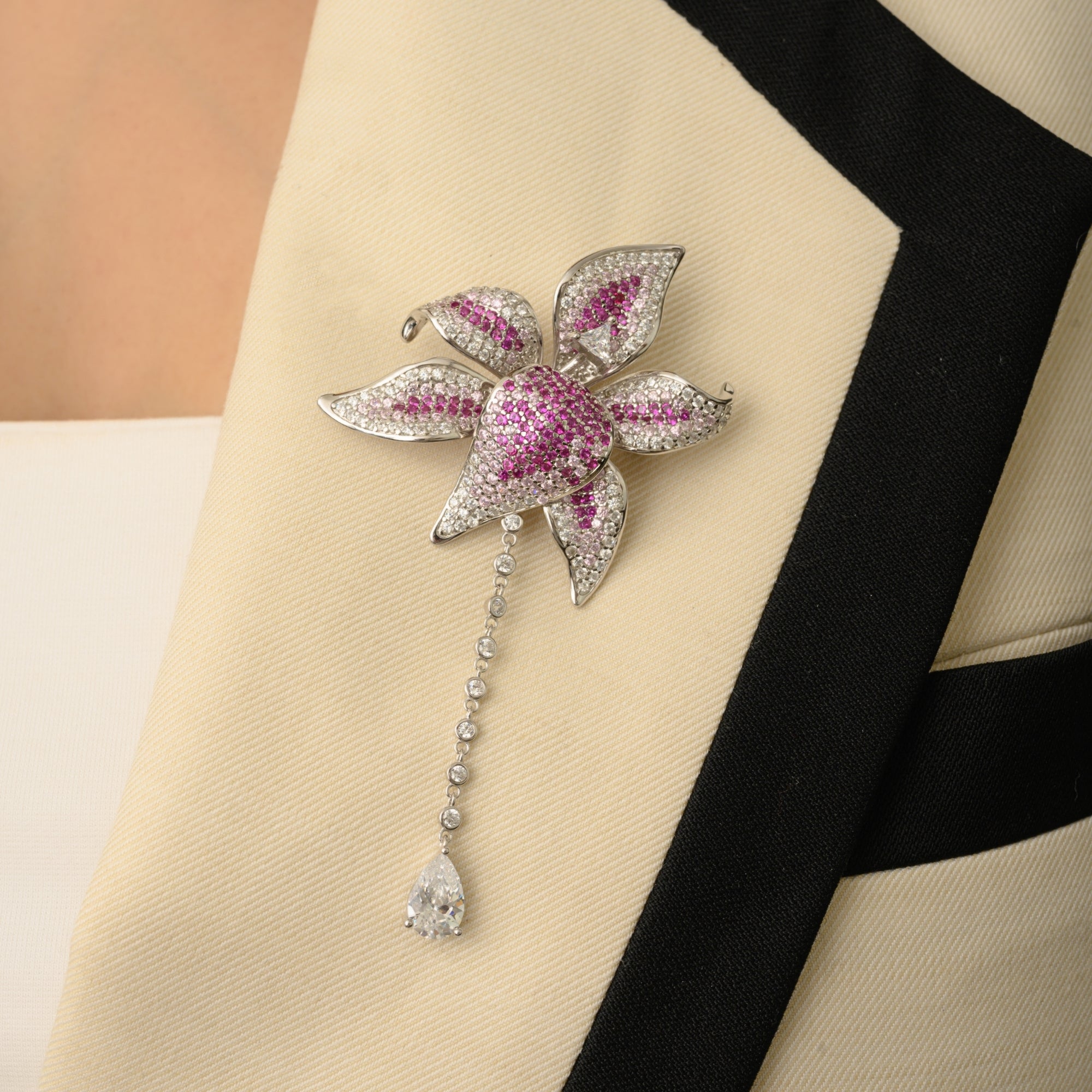 Rose Pink Flower Brooch Pin with Moving Dangling CZ Diamond Charm