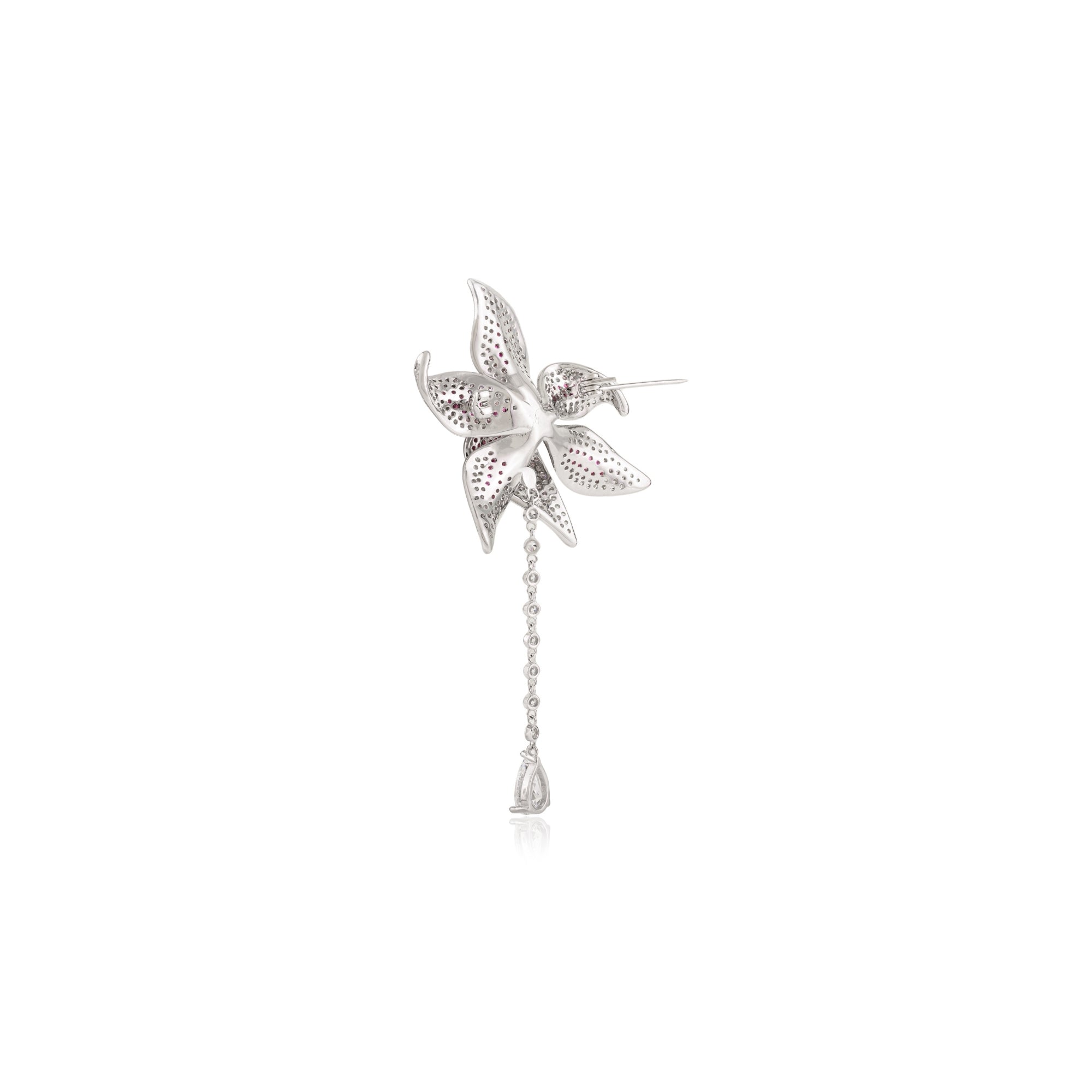 Rose Pink Flower Brooch Pin with Moving Dangling CZ Diamond Charm