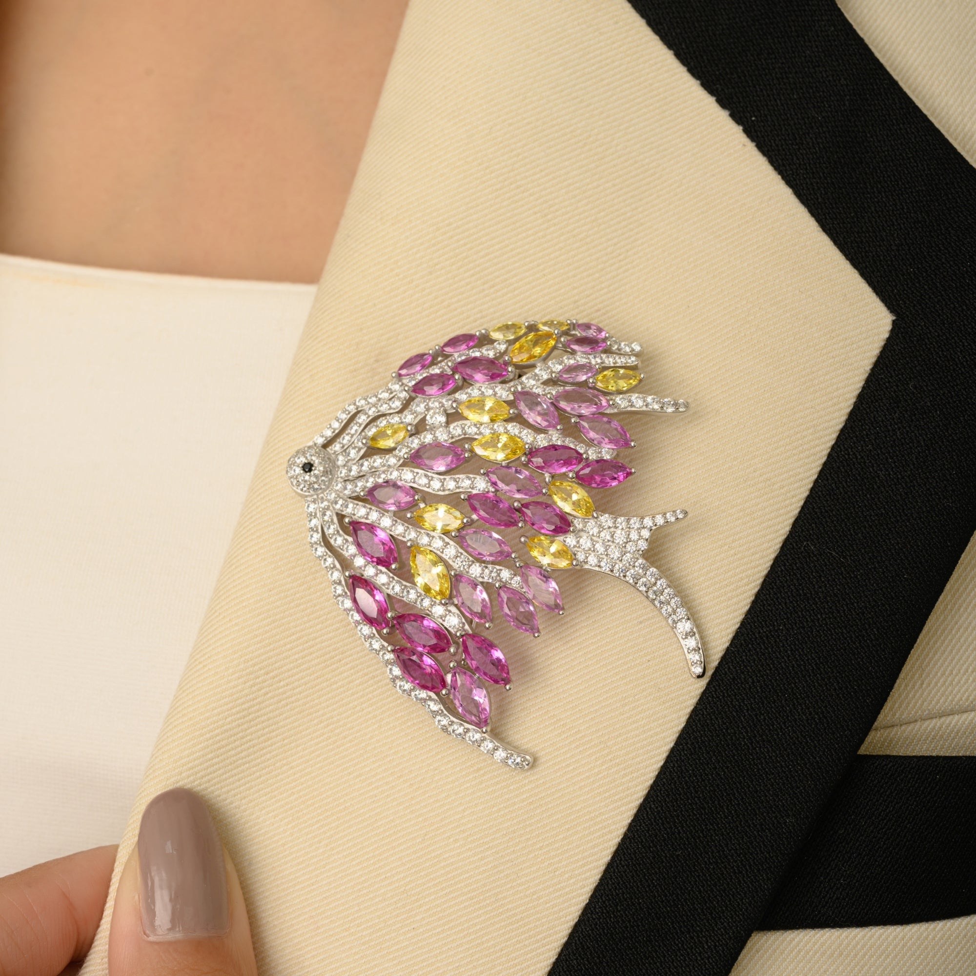 White Gold Fish Brooch Pin in 925 Silver with Colorful CZ Diamonds