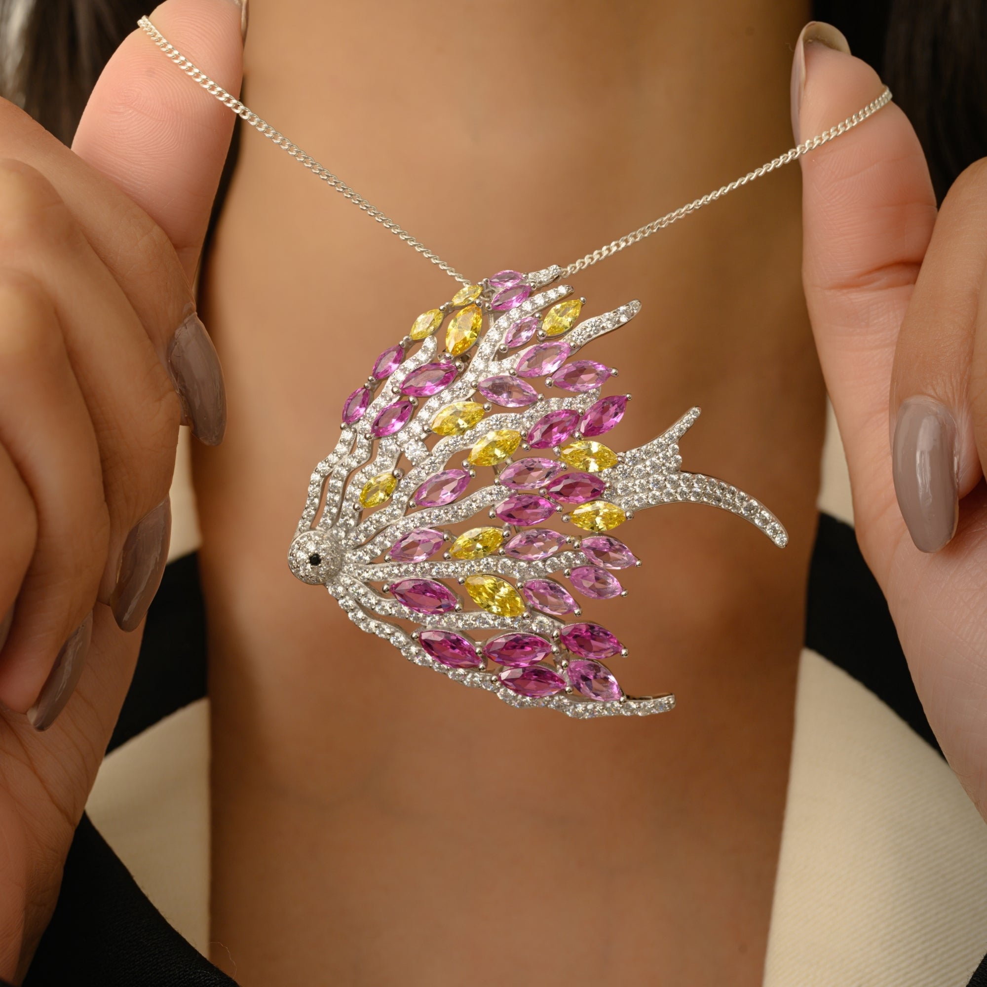 White Gold Fish Brooch Pin in 925 Silver with Colorful CZ Diamonds