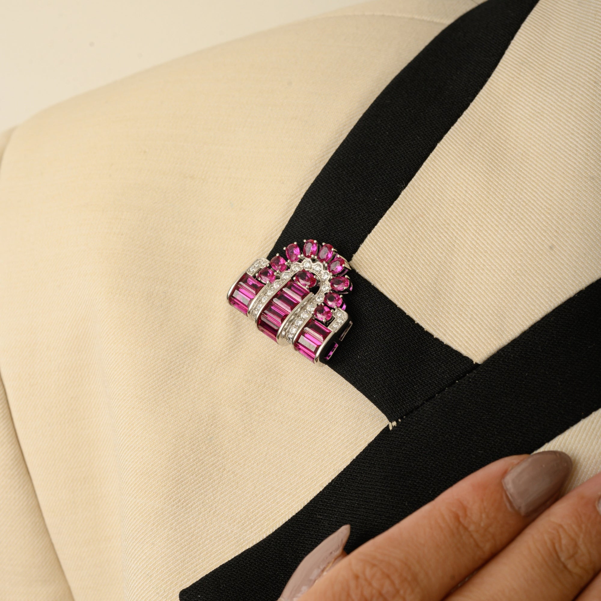 925 Silver Brooch Pin with Ruby Pink & White CZ Diamonds