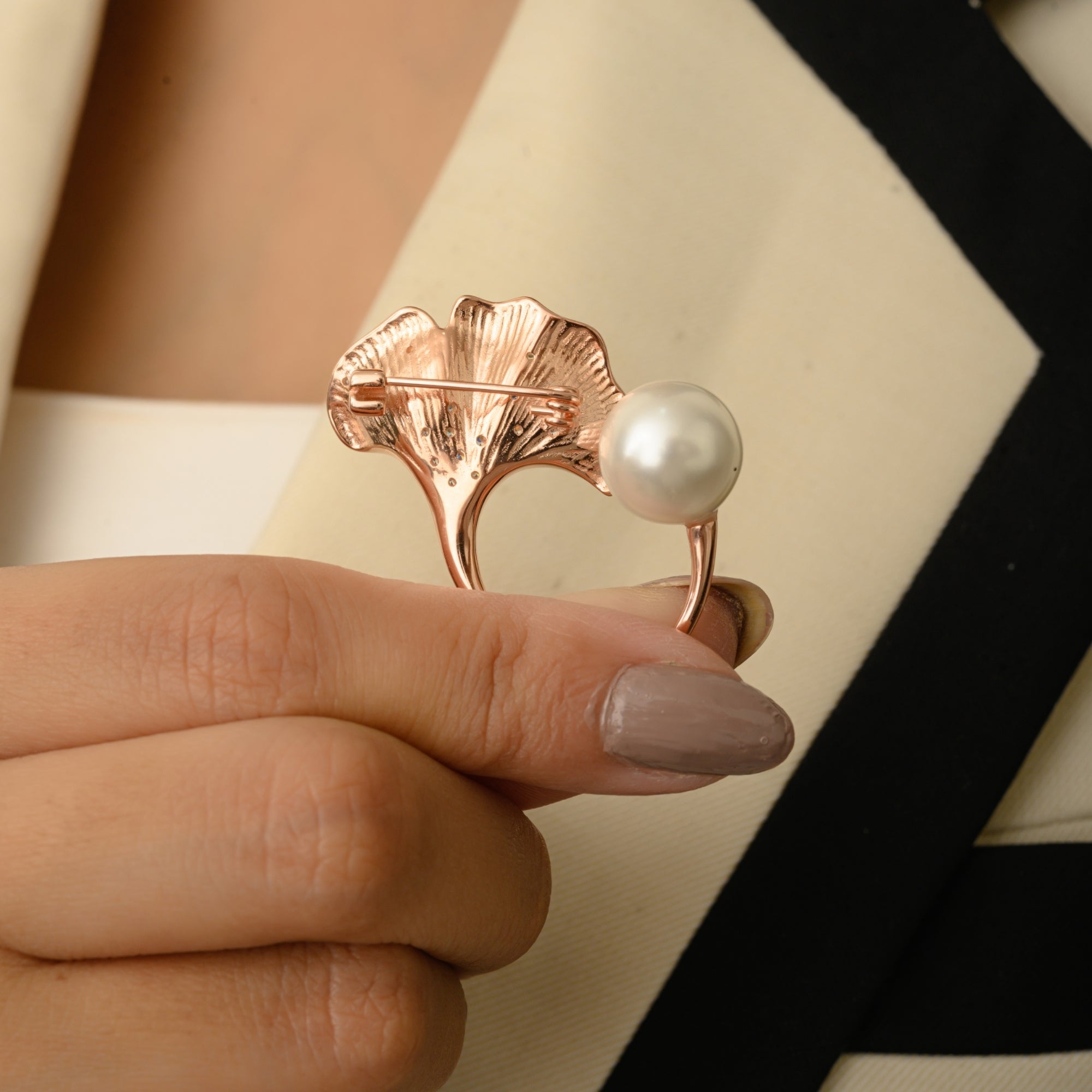 Rose Gold Pearl Leaf Brooch Pin in 925 Silver