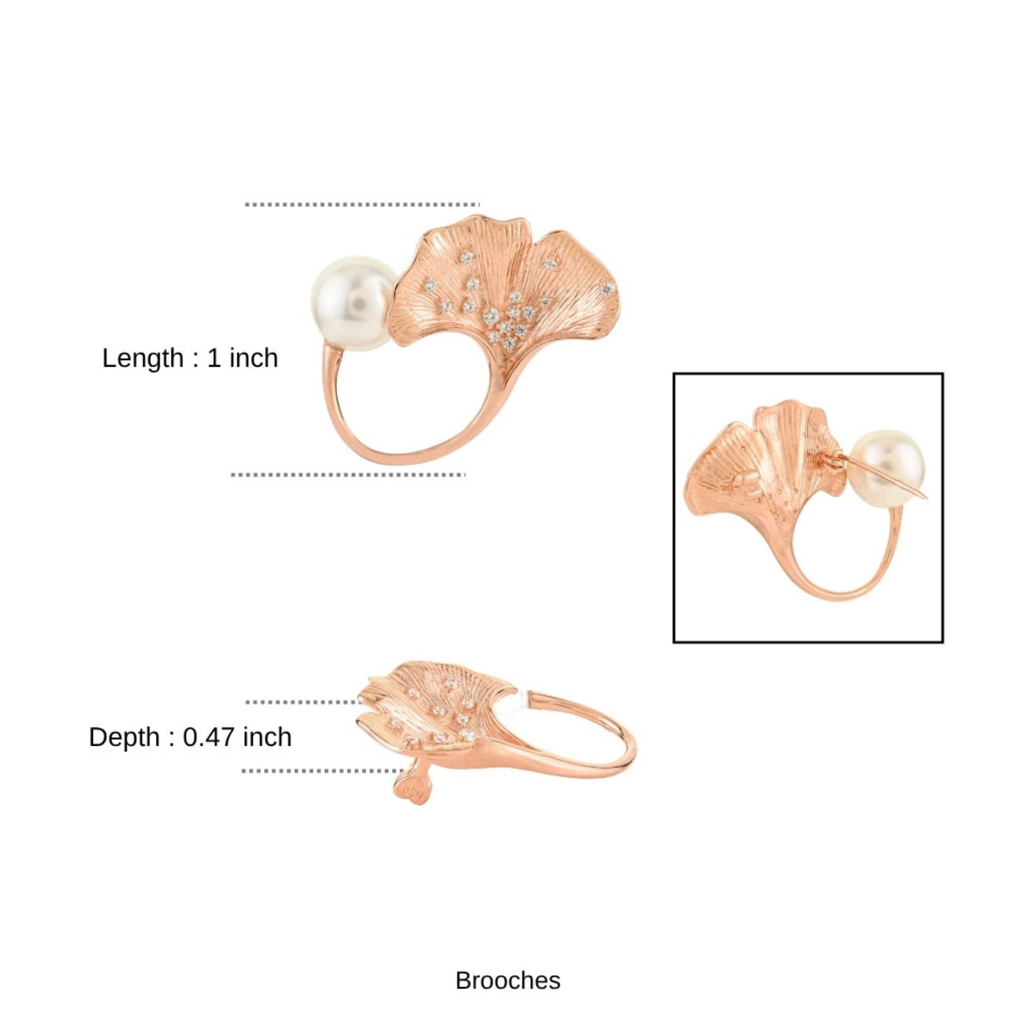 Rose Gold Pearl Leaf Brooch Pin in 925 Silver