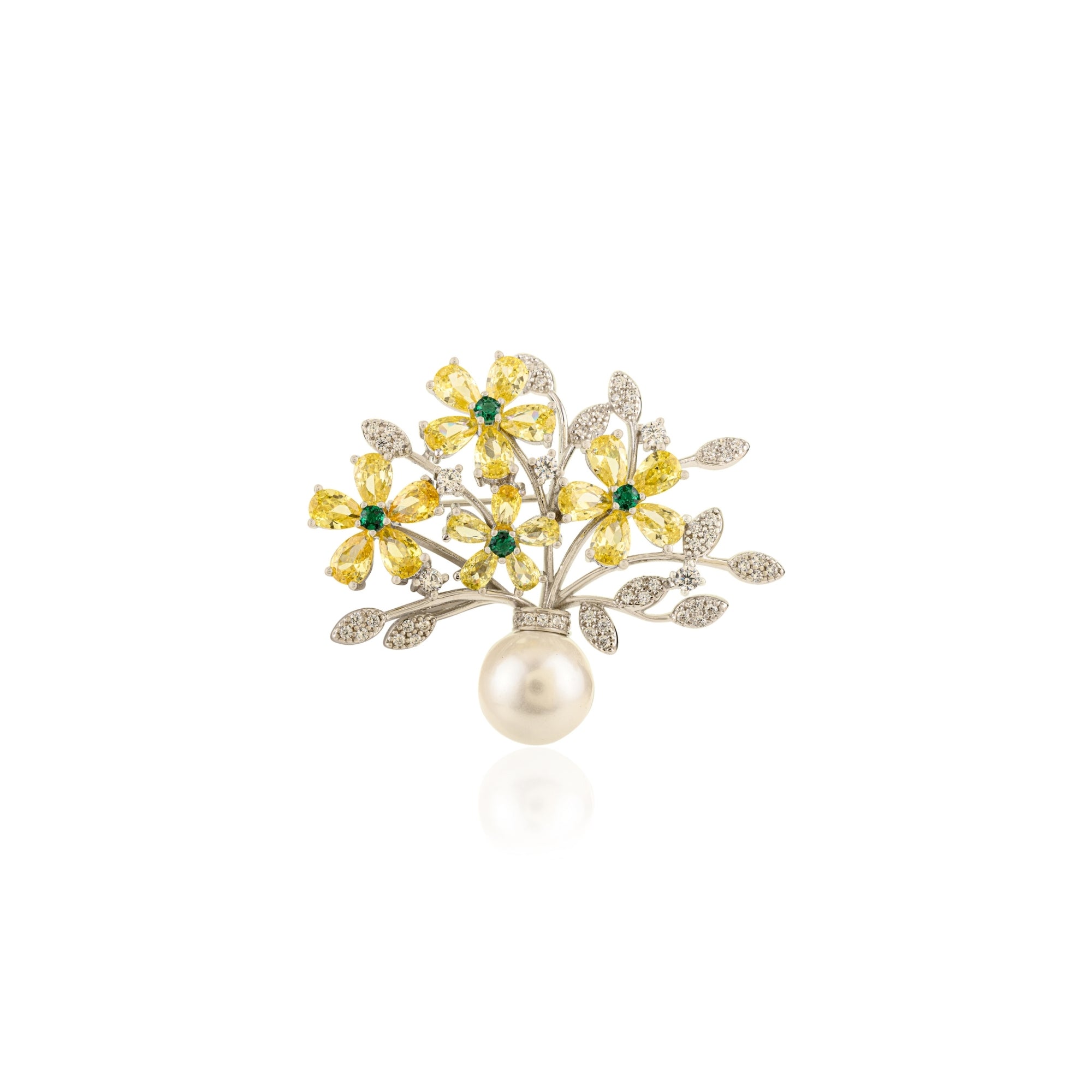 Flower Badge Brooch Pin in 925 Silver with Pearl and Colorful CZ Diamonds