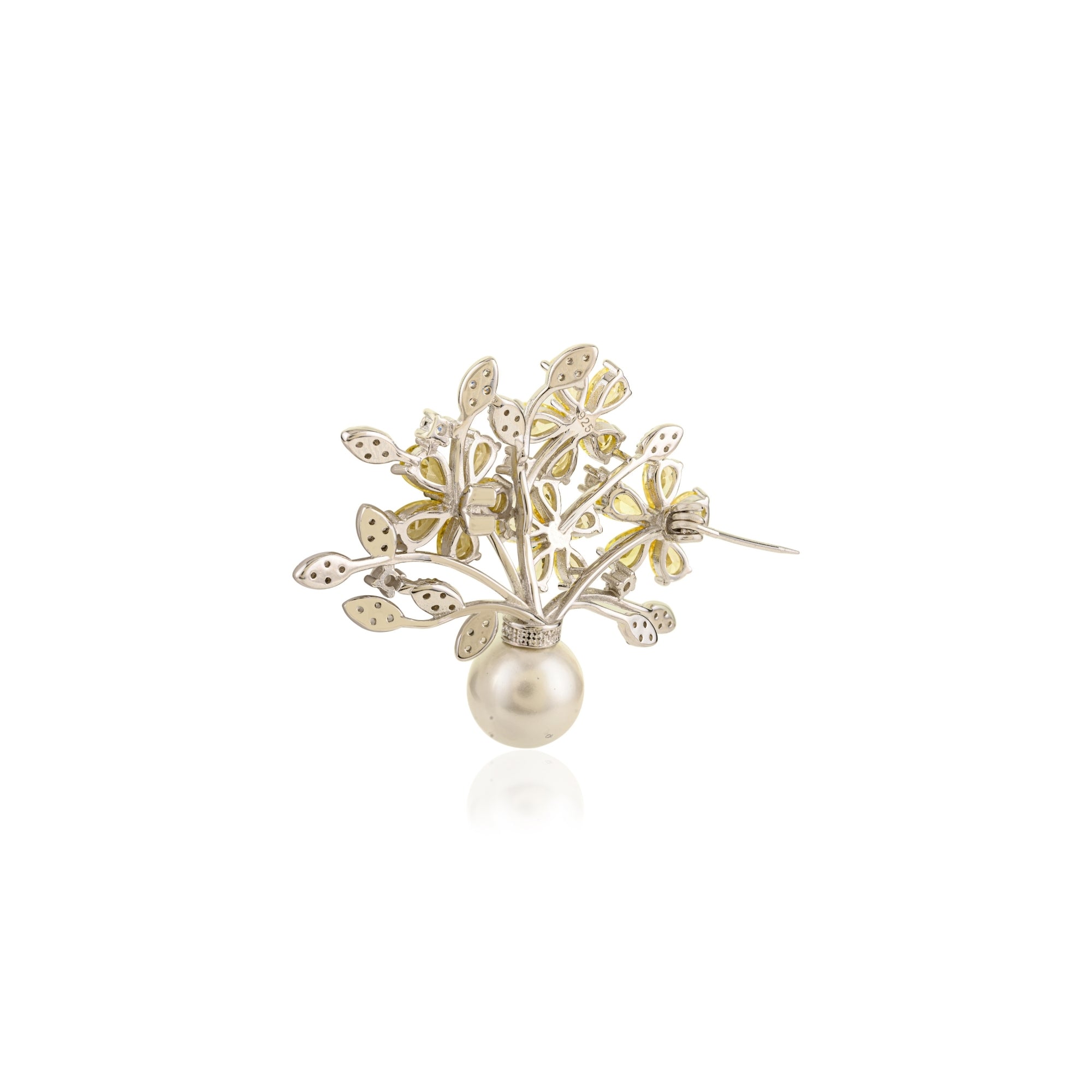 Flower Badge Brooch Pin in 925 Silver with Pearl and Colorful CZ Diamonds