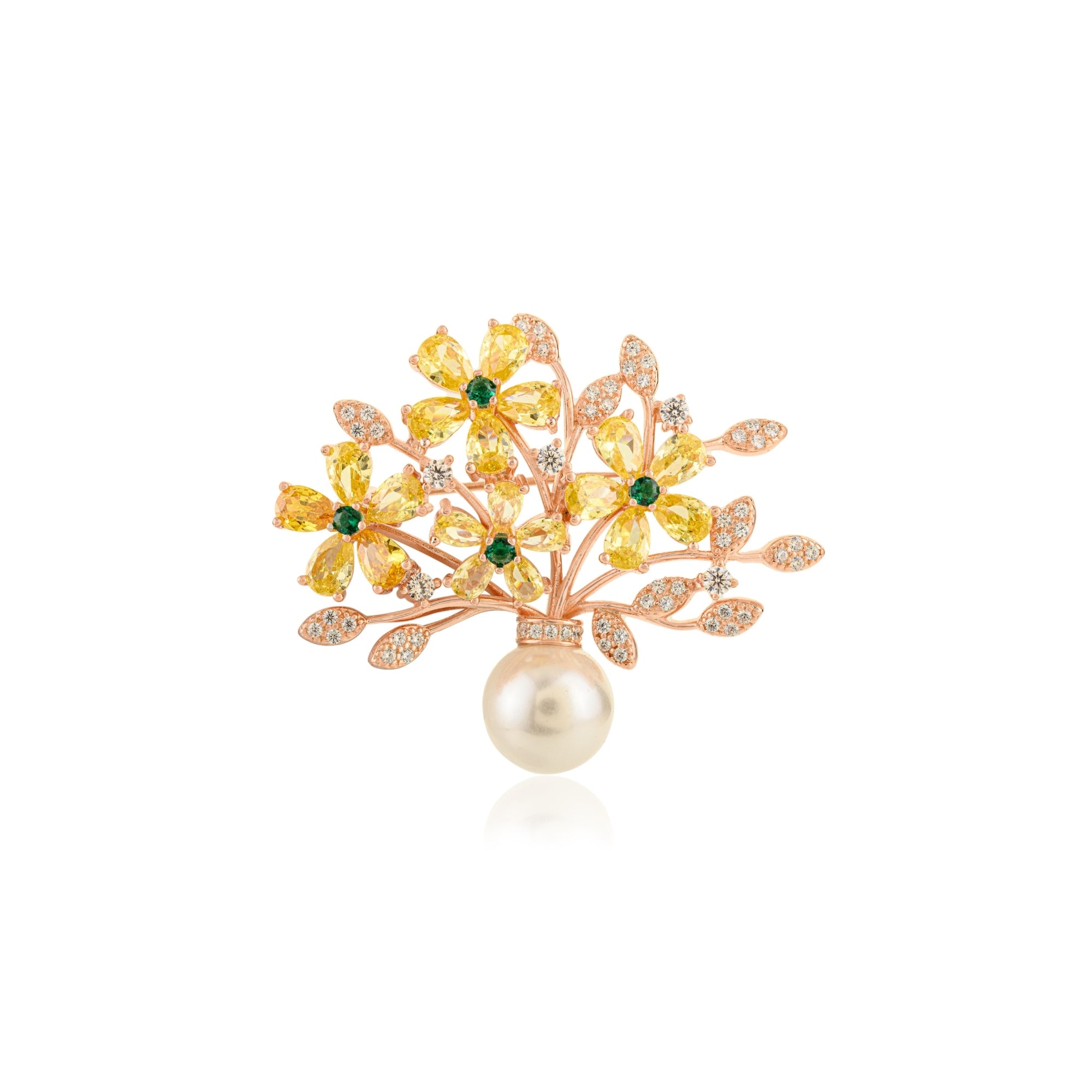 Flower Badge Brooch Pin in 925 Silver with White Pearl and Colorful CZ Diamonds