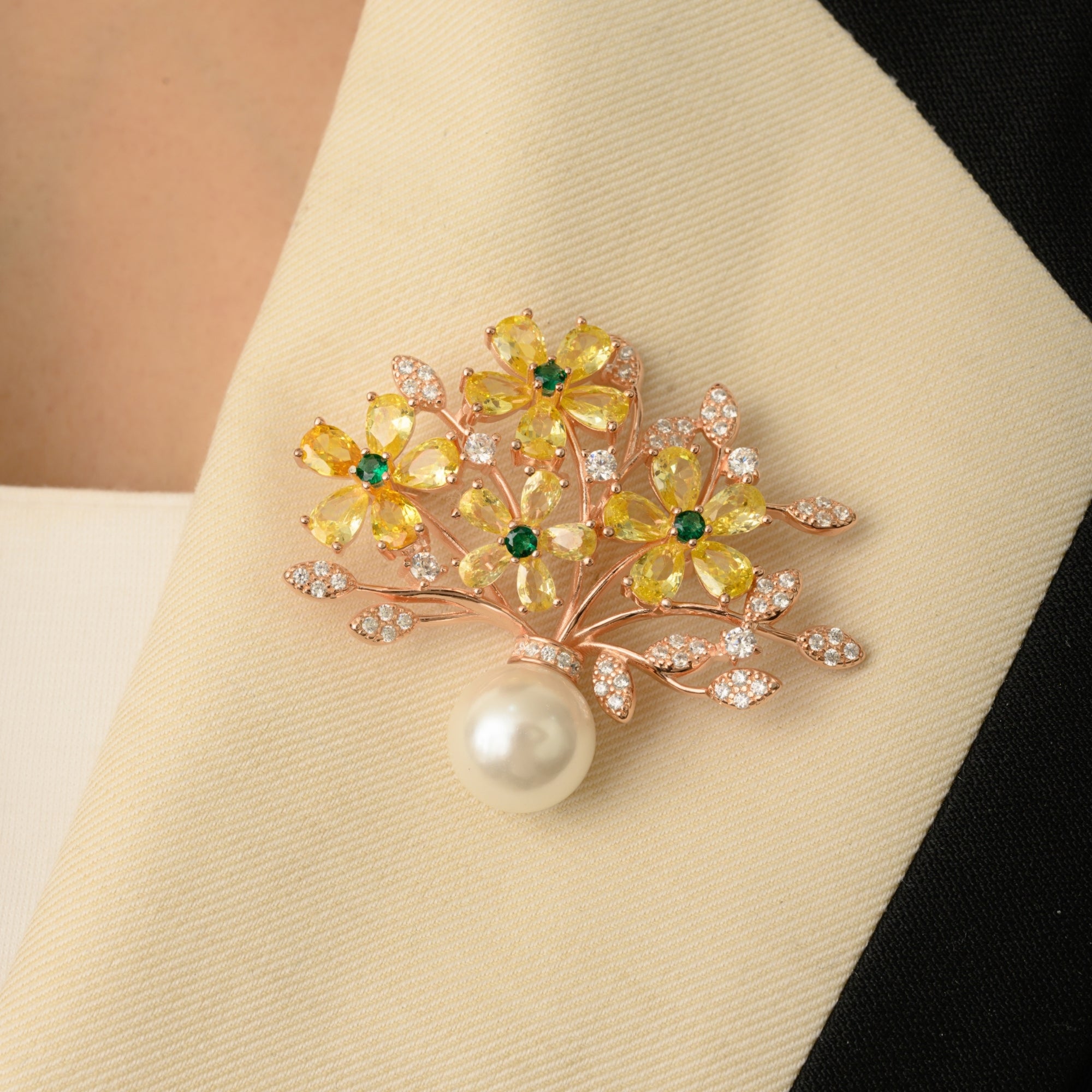 Flower Badge Brooch Pin in 925 Silver with White Pearl and Colorful CZ Diamonds