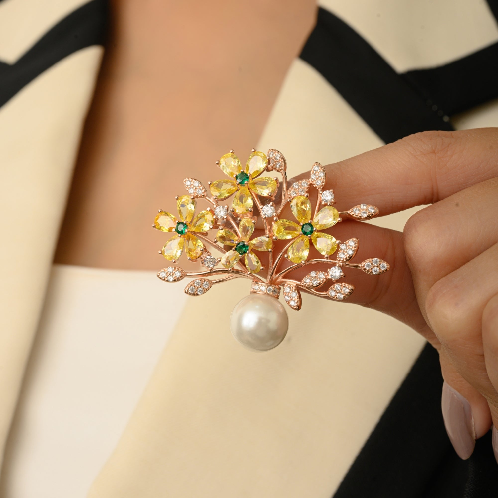 Flower Badge Brooch Pin in 925 Silver with White Pearl and Colorful CZ Diamonds