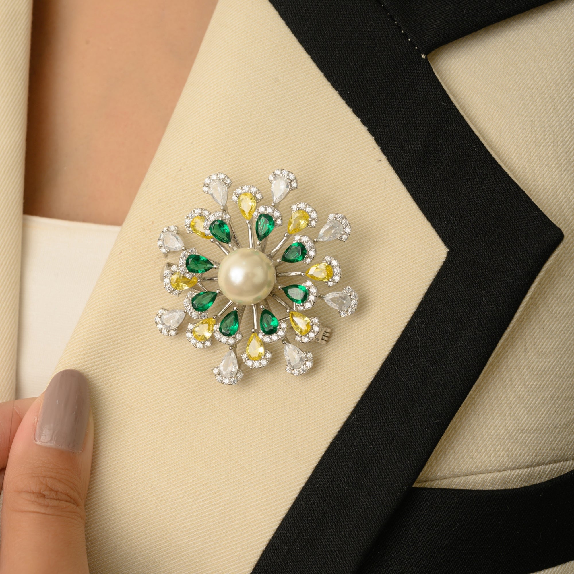 Floral Pearl Brooch in 925 Silver with Colourful CZ Diamonds