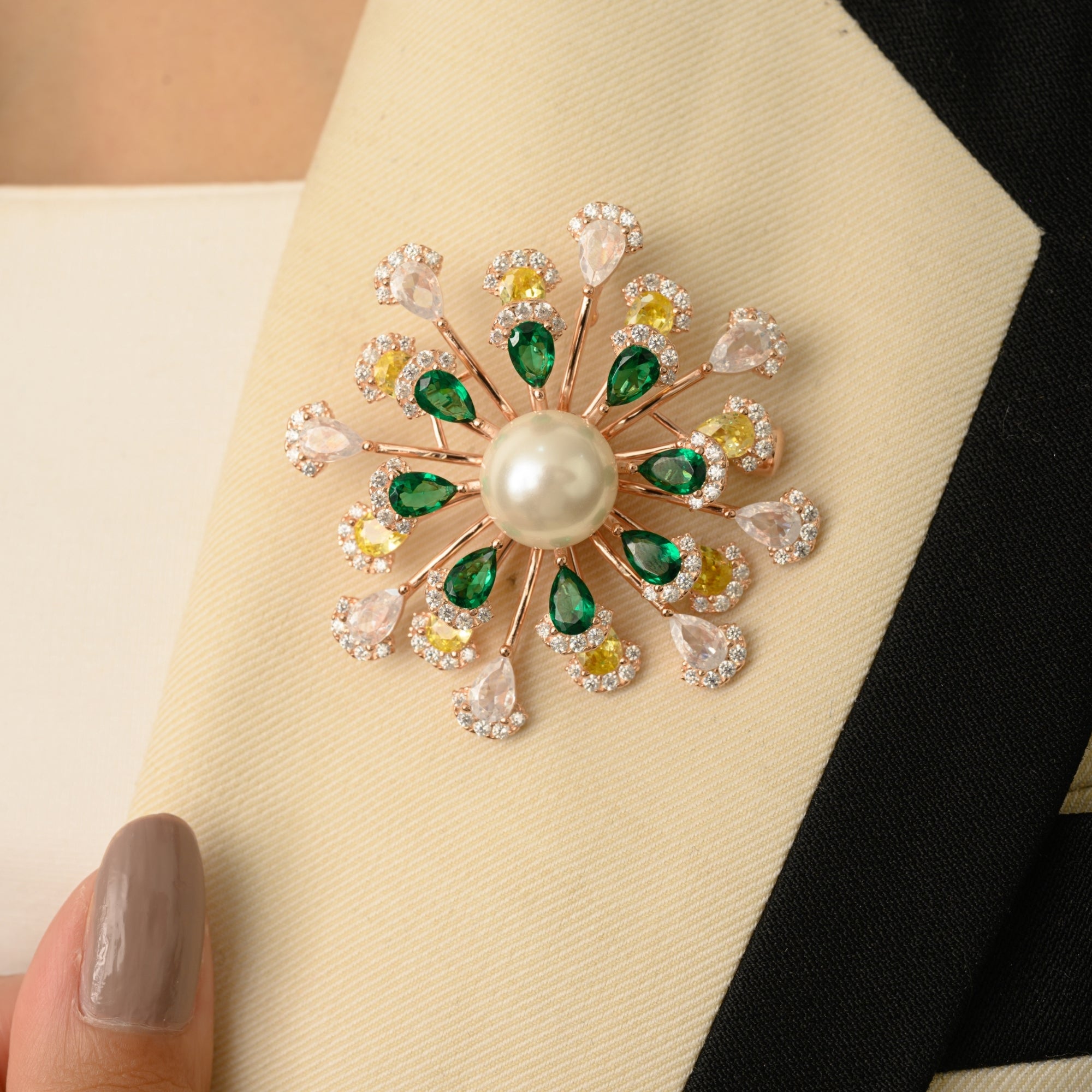 Floral Pearl Brooch in 925 Silver with Colourful CZ Diamonds