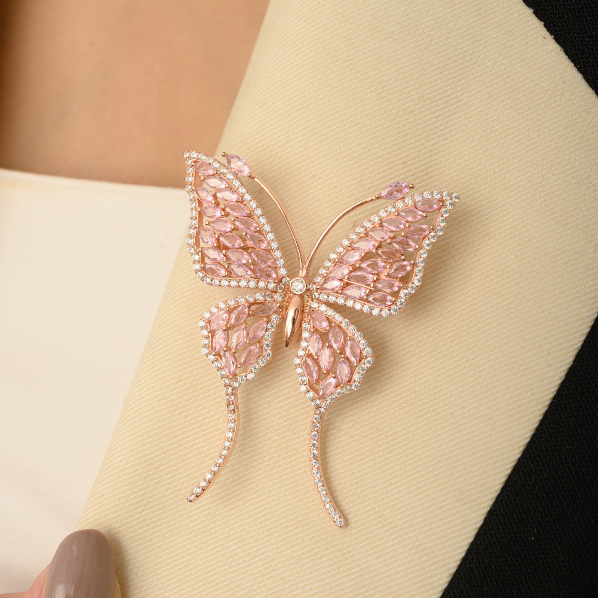 Rose Gold Butterfly Brooch with Shiny Pink CZ diamonds in 925 Silver