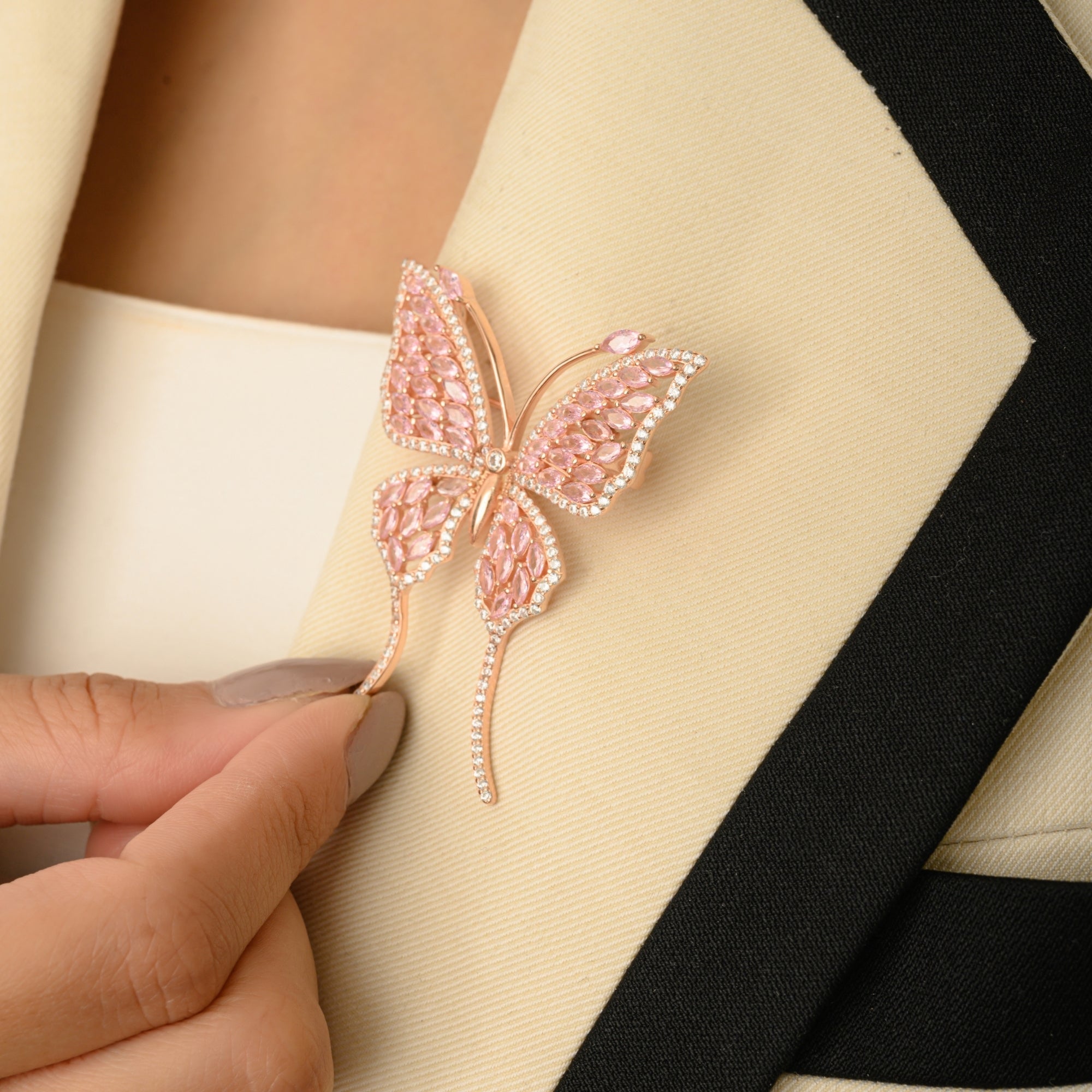 Rose Gold Butterfly Brooch with Shiny Pink CZ diamonds in 925 Silver