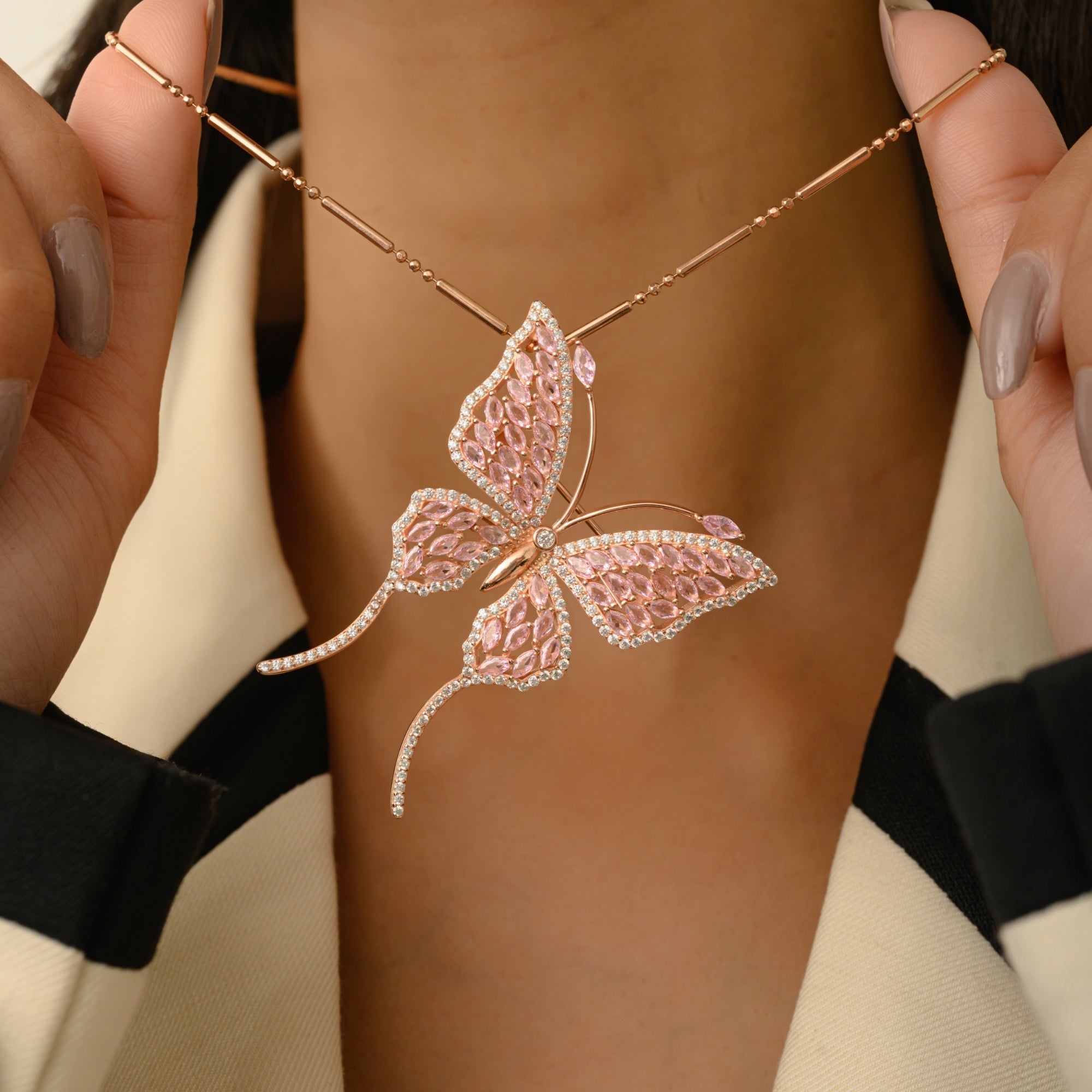 Rose Gold Butterfly Brooch with Shiny Pink CZ diamonds in 925 Silver