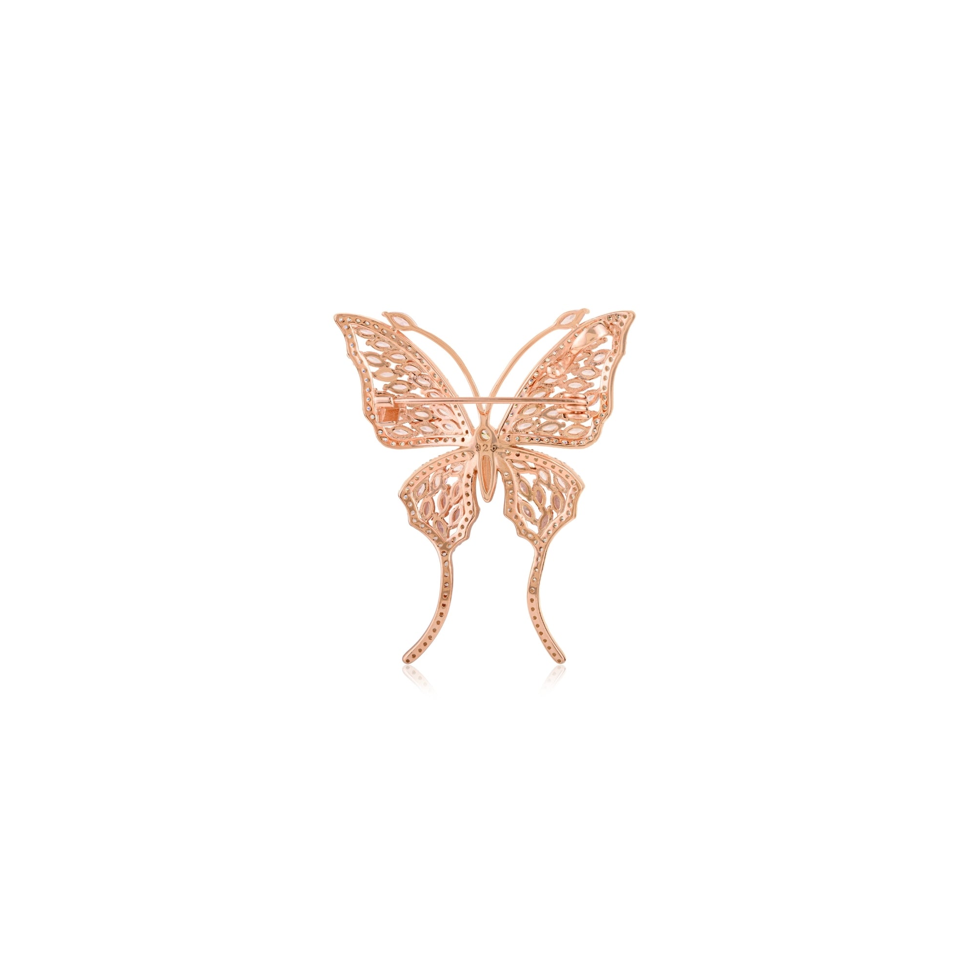 Rose Gold Butterfly Brooch with Shiny Pink CZ diamonds in 925 Silver