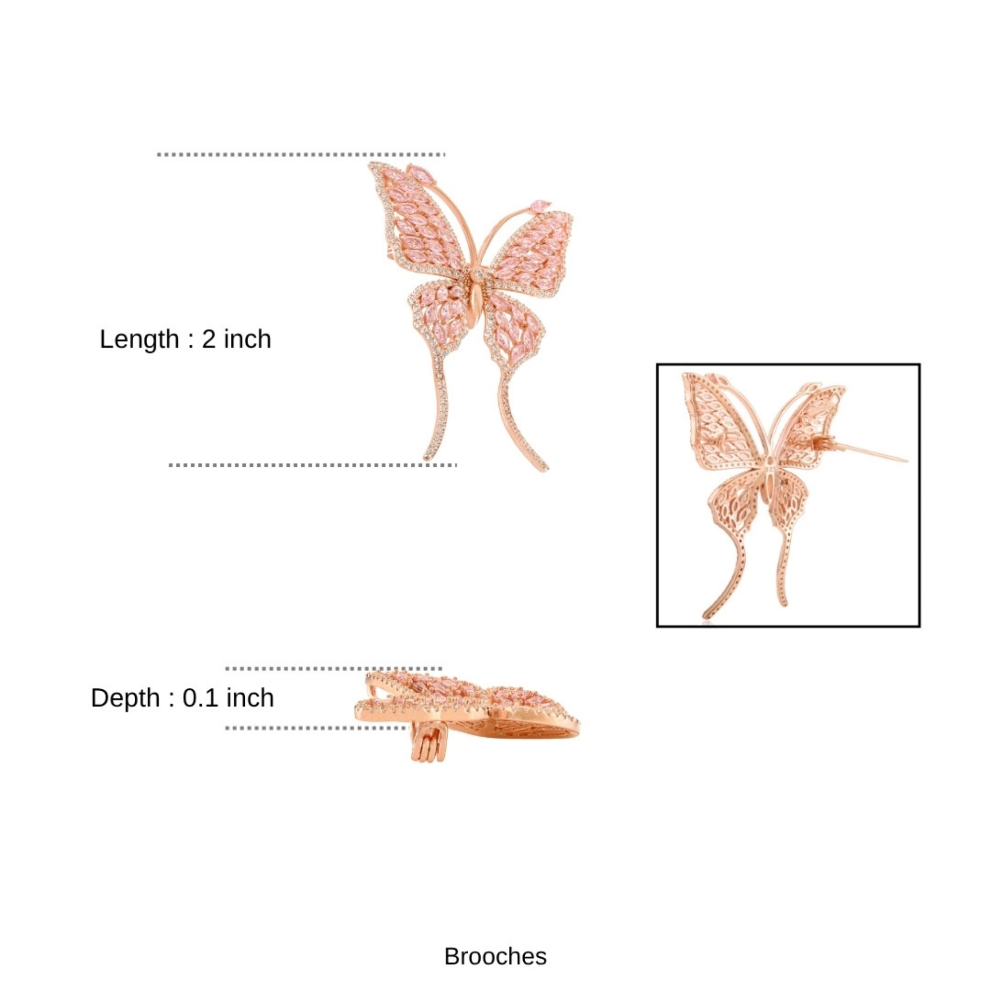 Rose Gold Butterfly Brooch with Shiny Pink CZ diamonds in 925 Silver