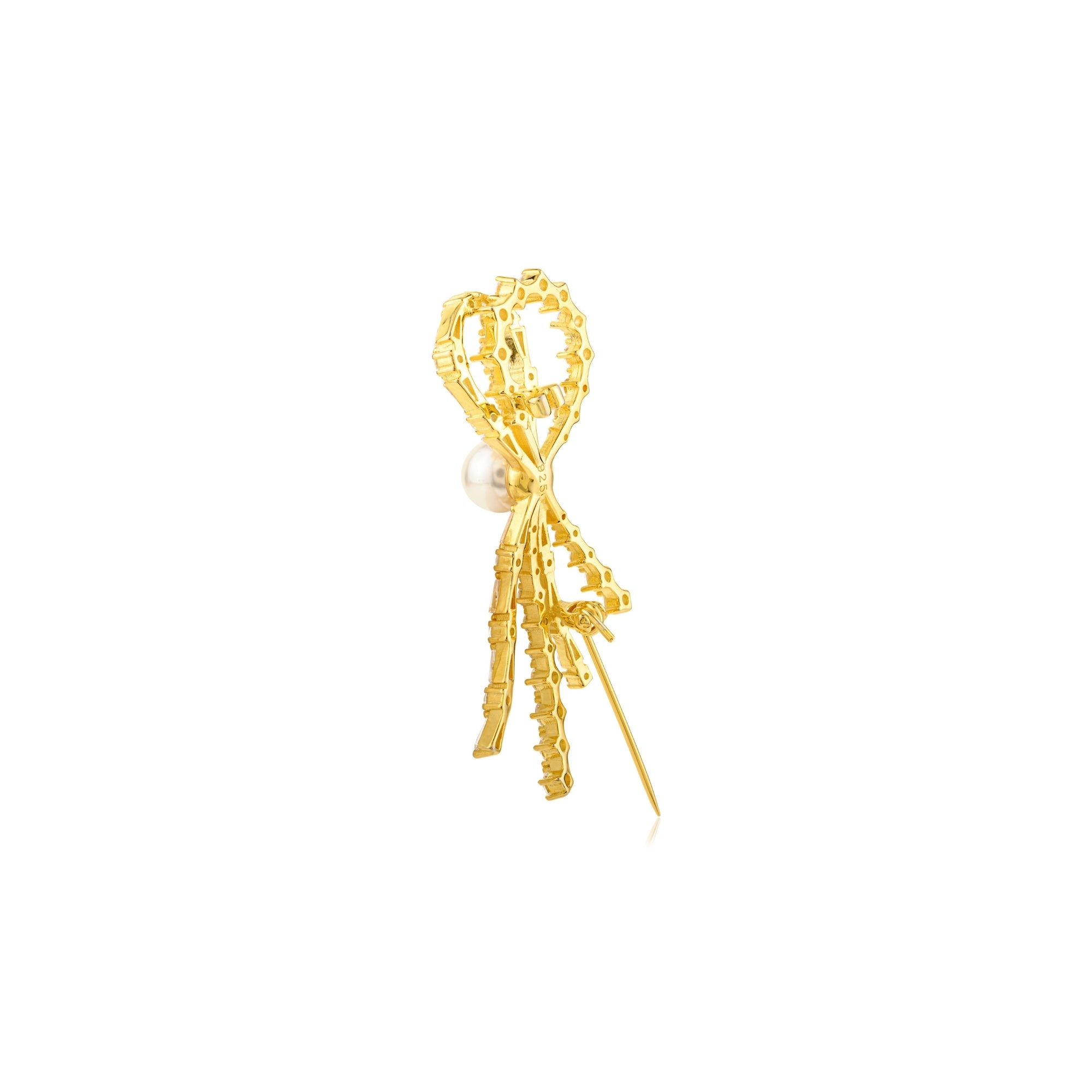 Yellow Gold Pearl Brooch with Dangling CZ Diamonds