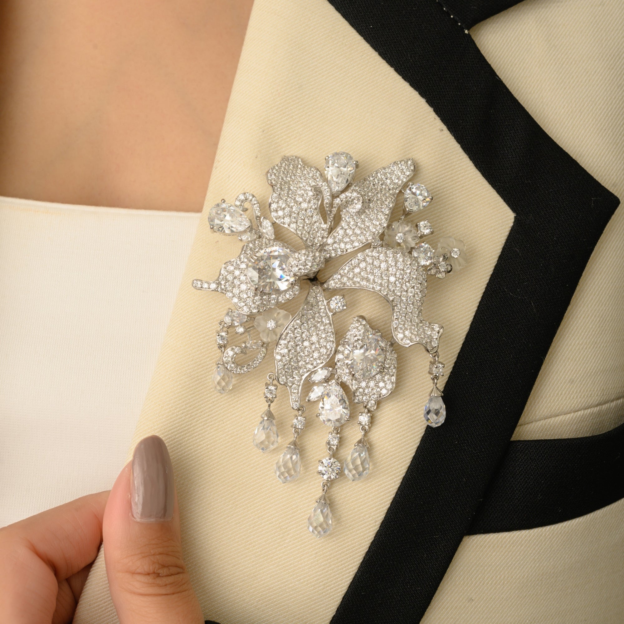 White Gold Floral Brooch with Dangling CZ Diamond Charms