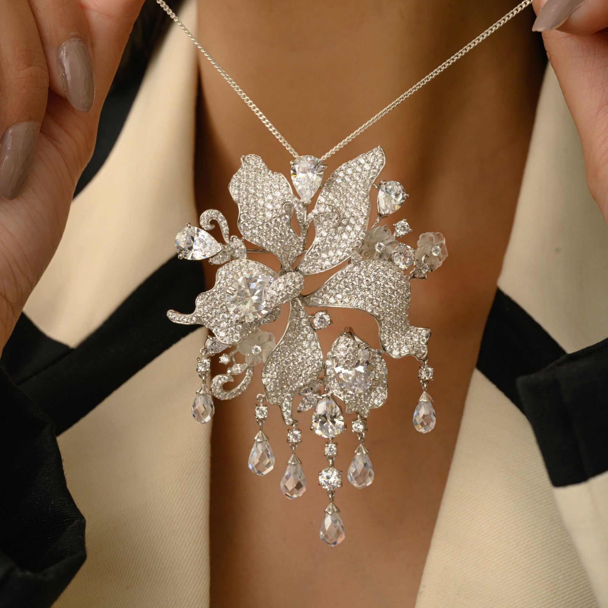 White Gold Floral Brooch with Dangling CZ Diamond Charms