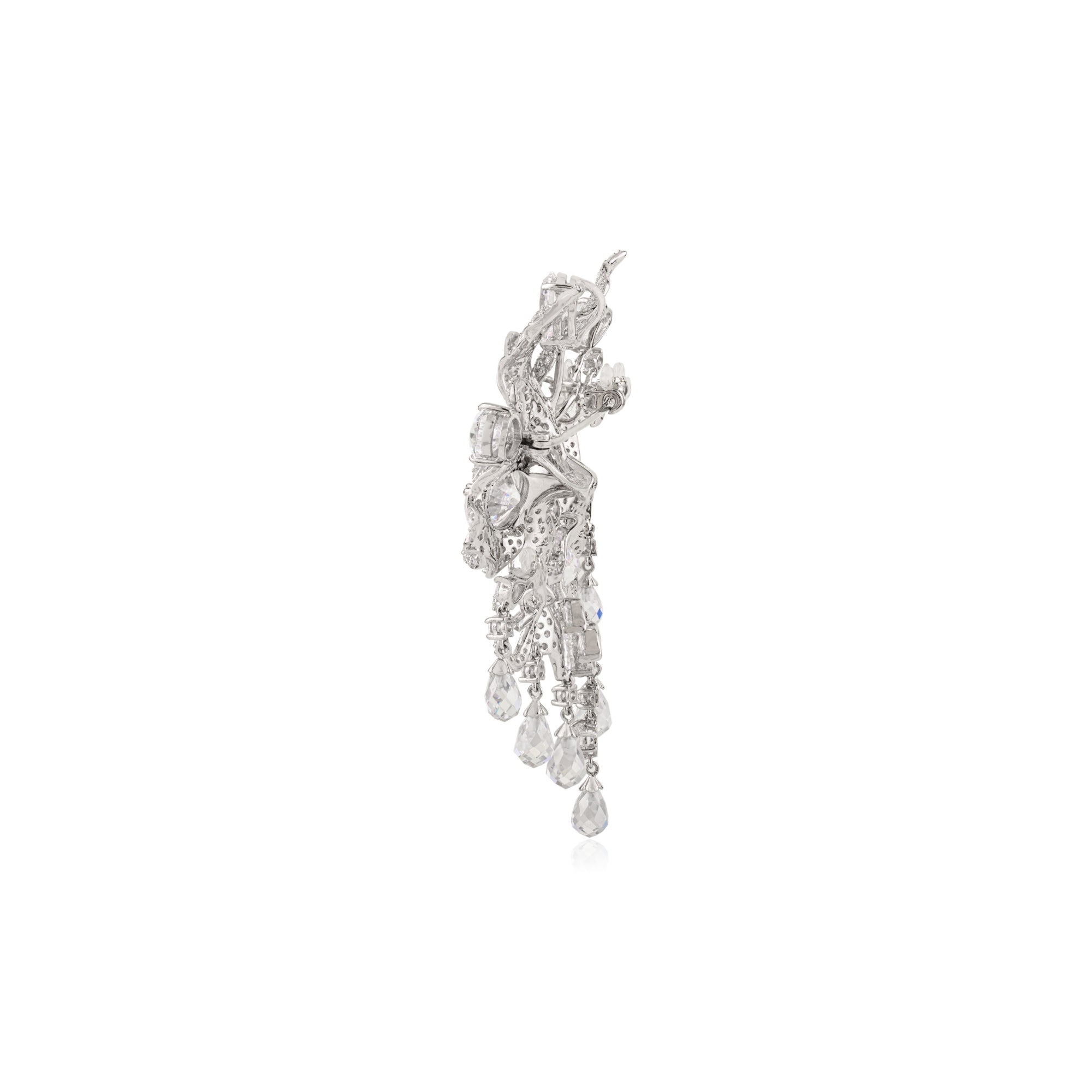 White Gold Floral Brooch with Dangling CZ Diamond Charms