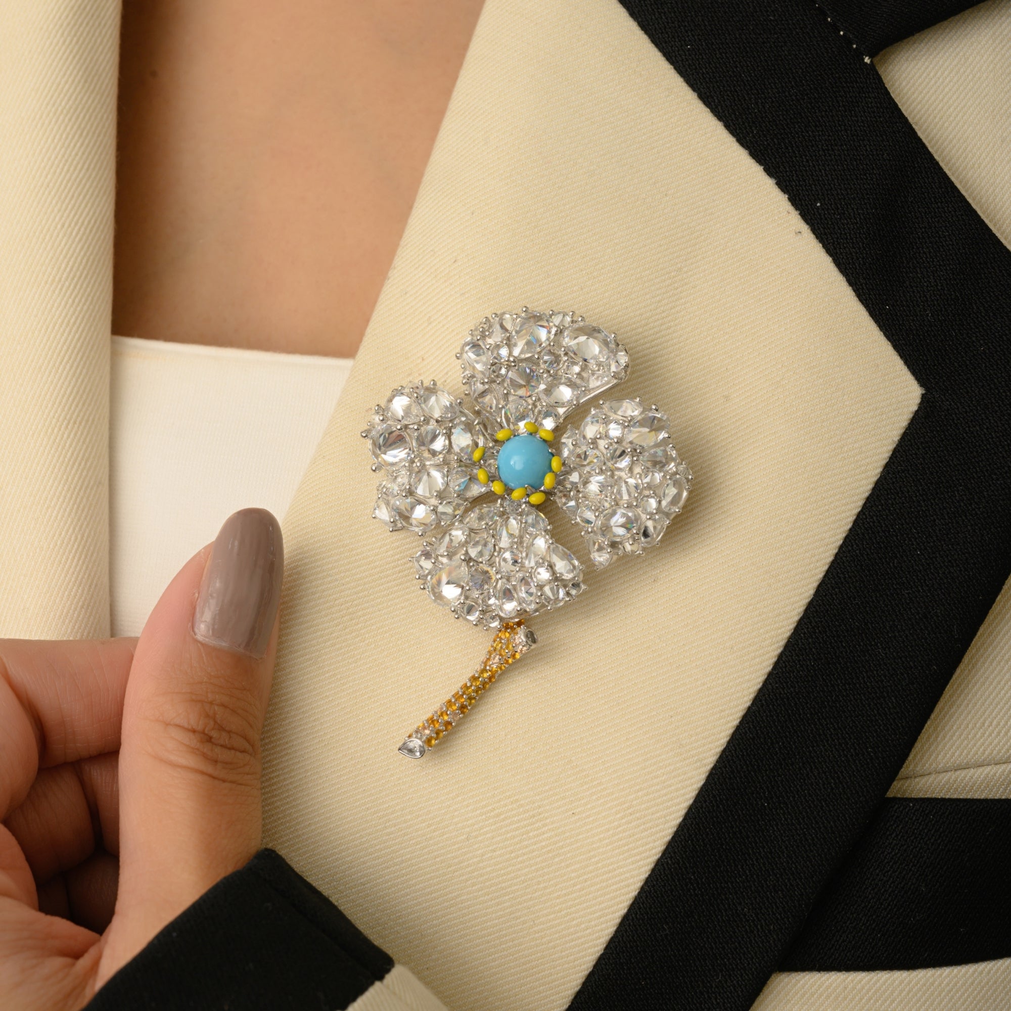 Flower Brooch with Blooming Ice Cut CZ Diamonds