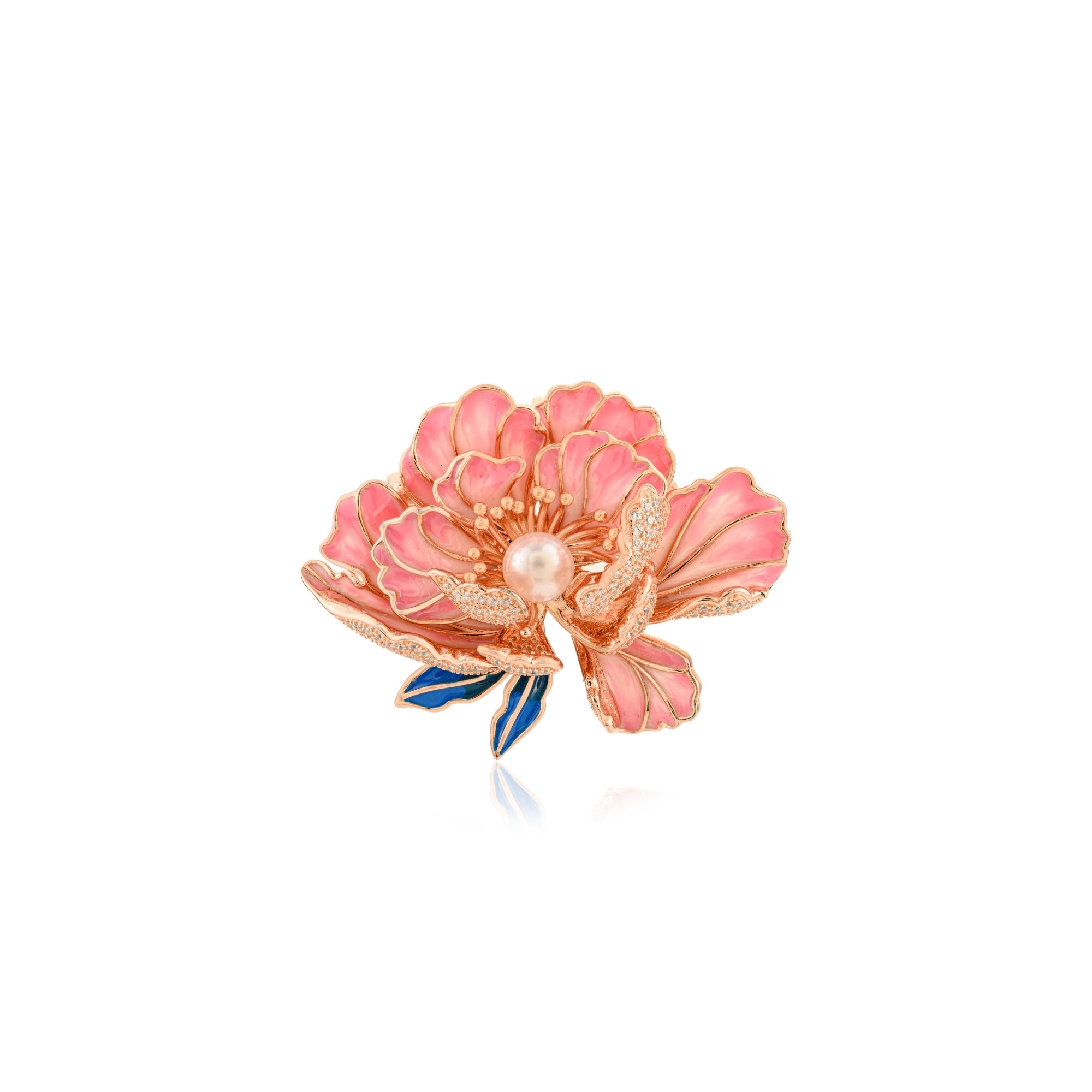 Light Pink Peony Flower Brooch with Pearl Charm