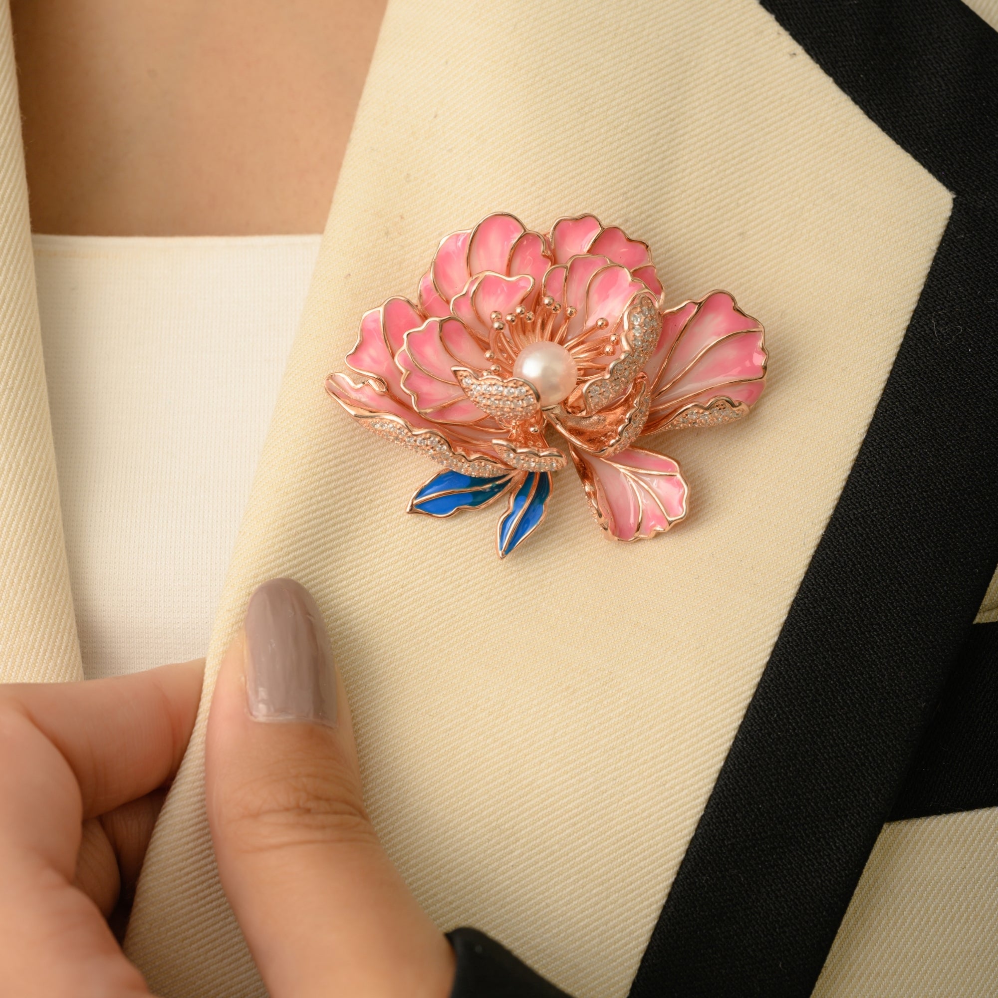 Light Pink Peony Flower Brooch with Pearl Charm