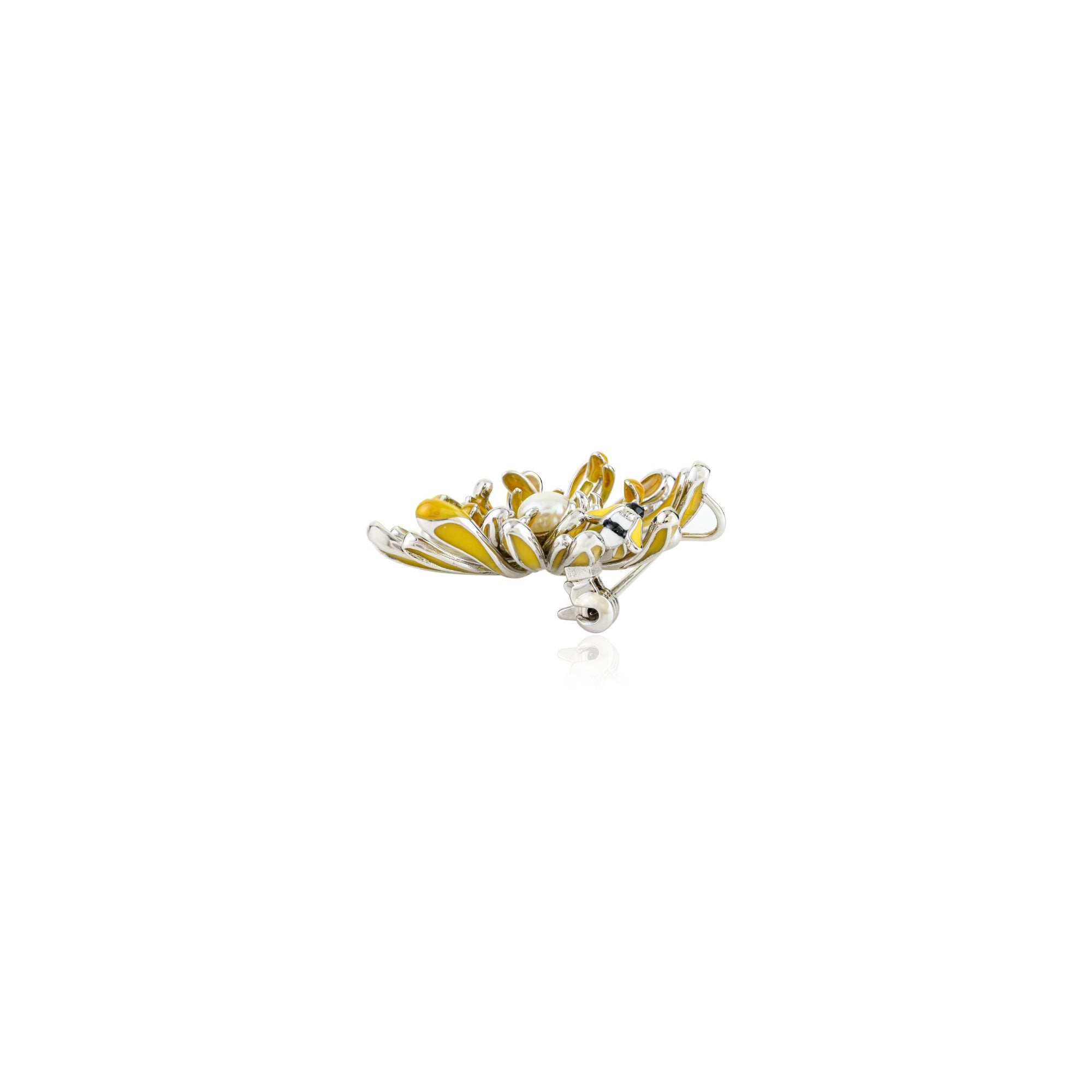 White Gold Yellow Flower Pearl Brooch in 925 Silver