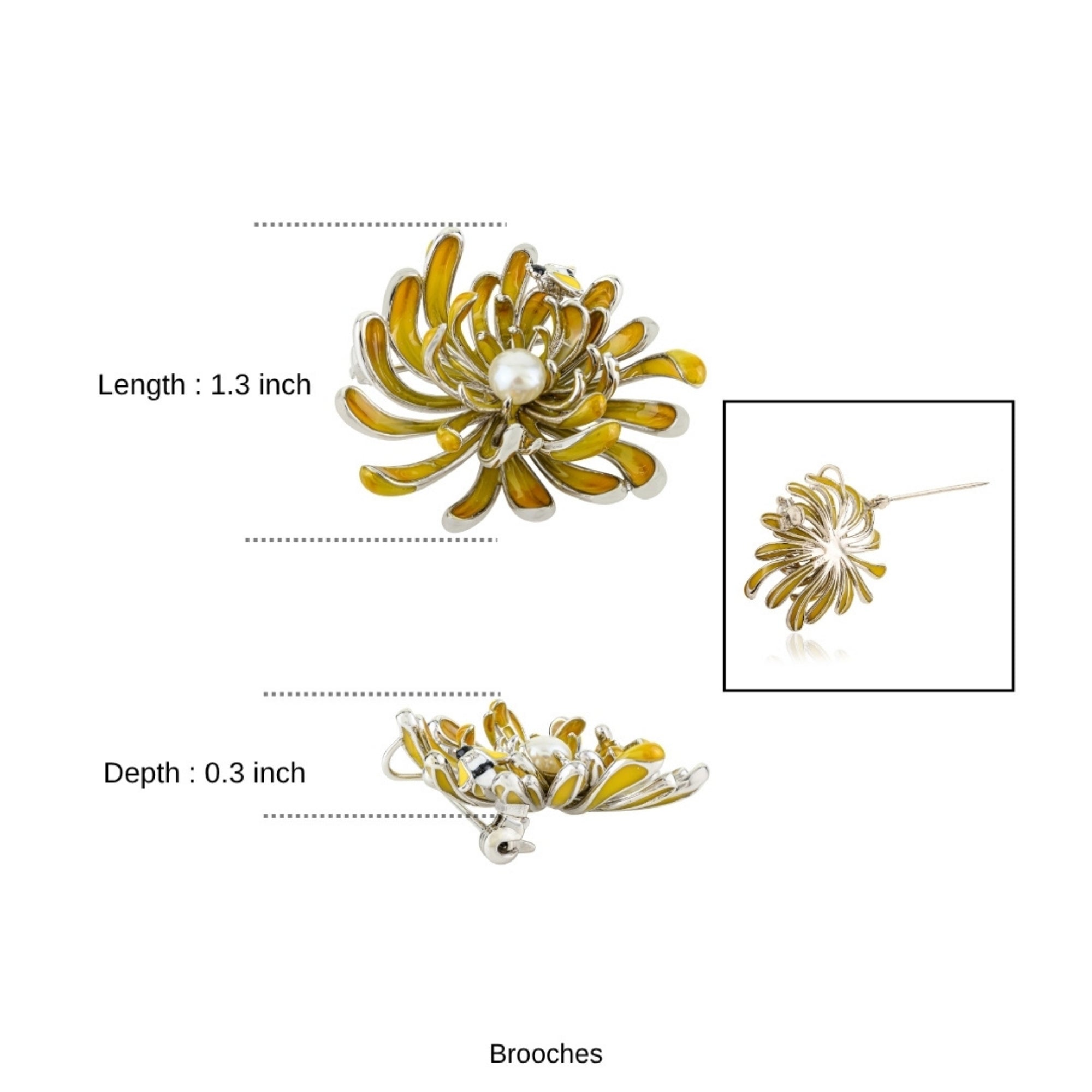White Gold Yellow Flower Pearl Brooch in 925 Silver