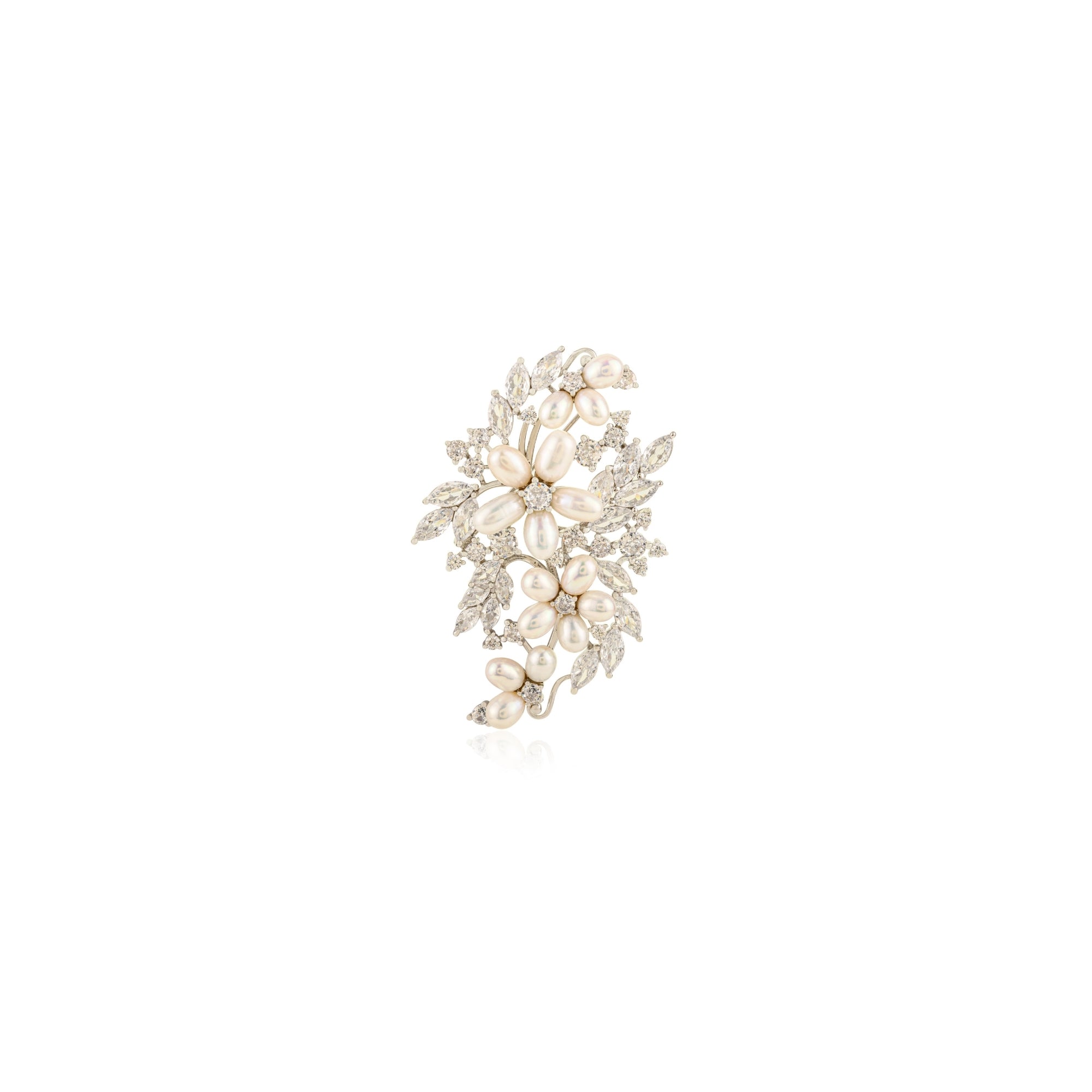 White Gold Floral Pearl Brooch in 925 Silver