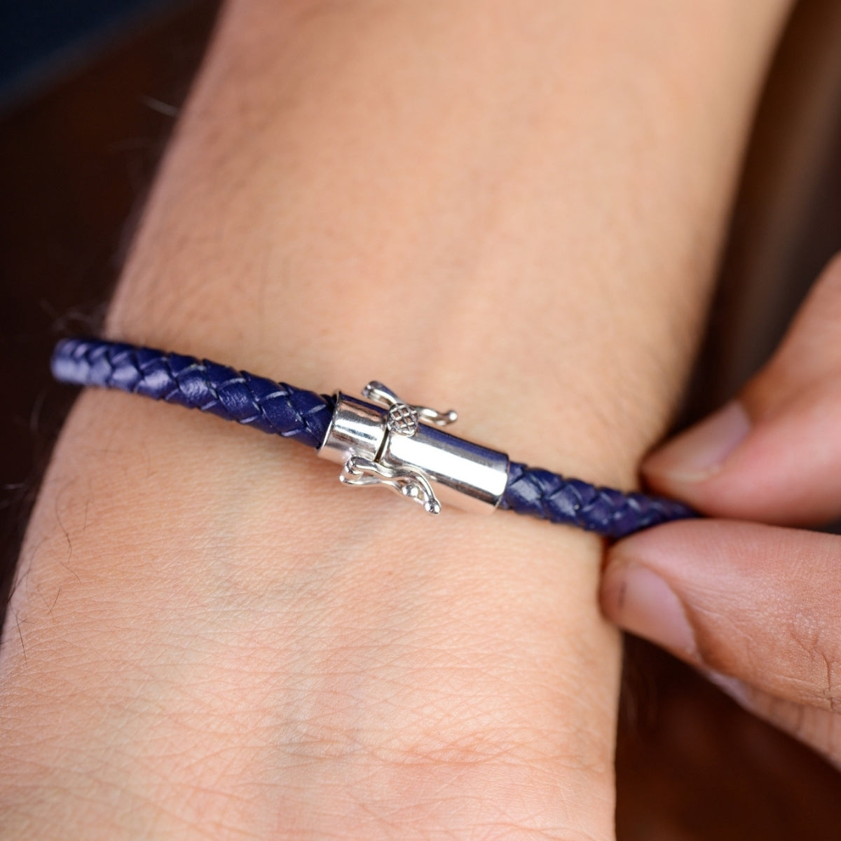 925 Silver Cz Bar Leather Bracelet for men