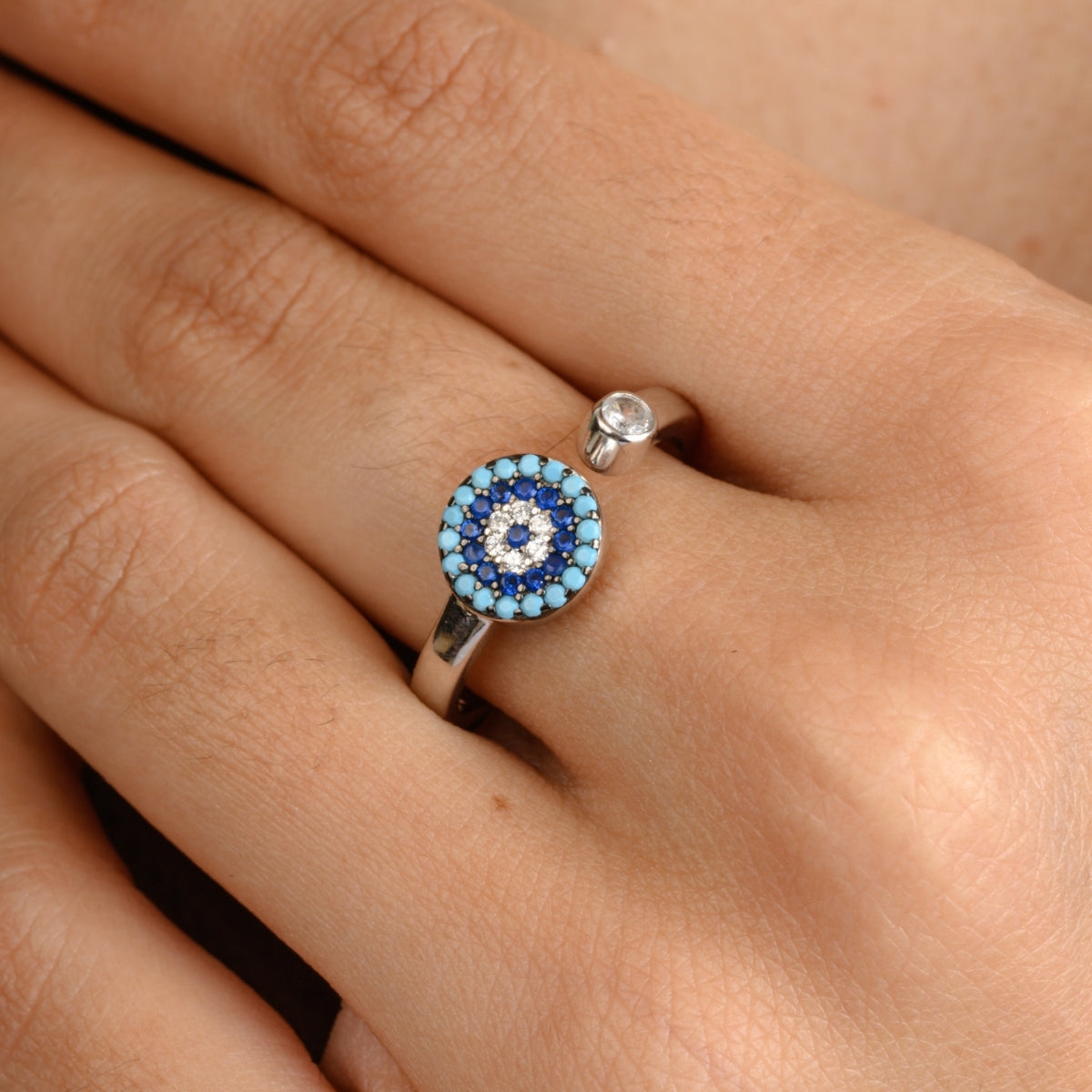 Blue Evil Eye Adjustable Ring for Women