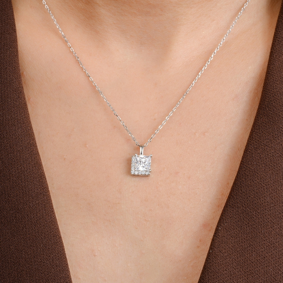 Princess cut Silver Pendant set