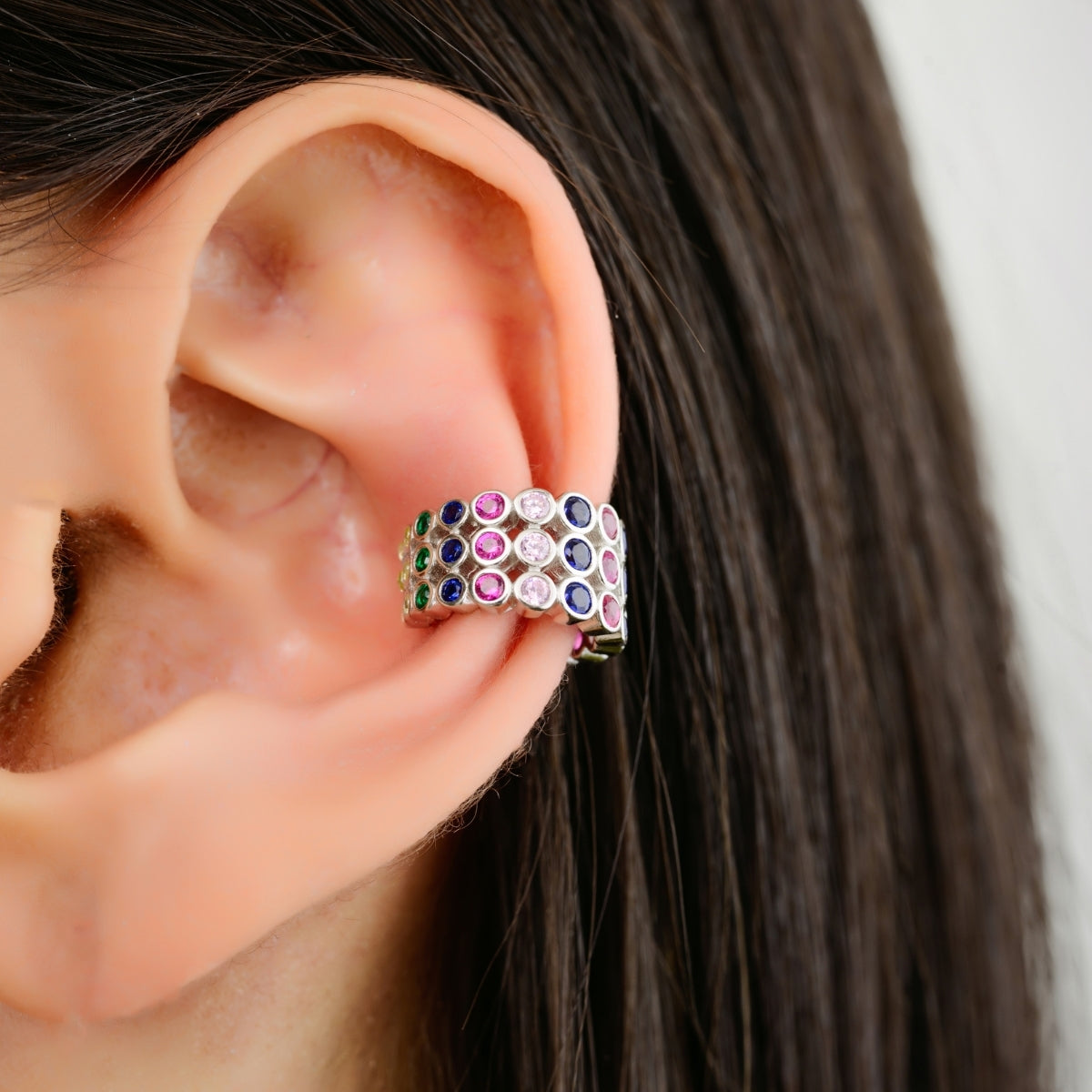 Multicolor Sparkle Rainbow CZ Silver Ear Cuff