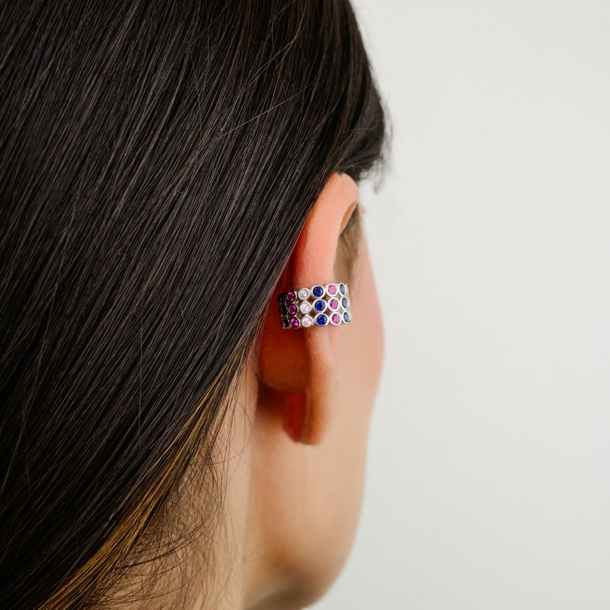 Multicolor Sparkle Rainbow CZ Silver Ear Cuff